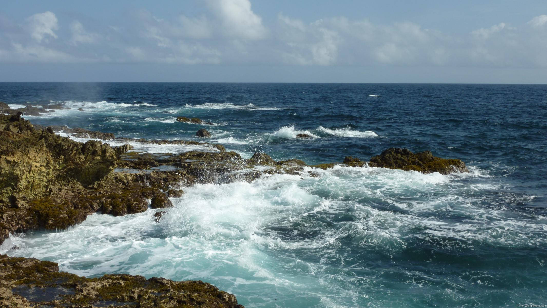Aruba, rocky coast, ocean waves, Full HD Desktop Wallpaper