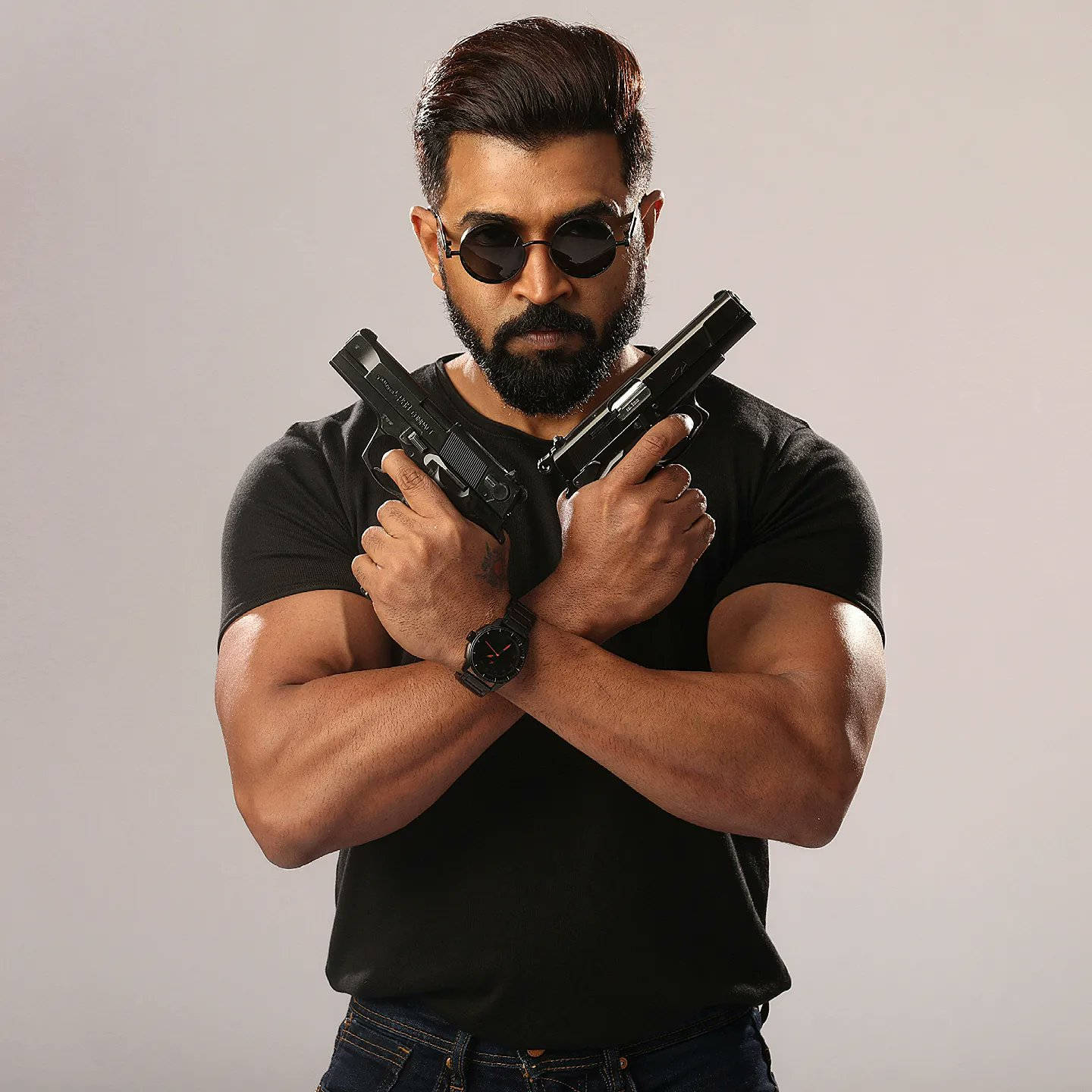Arun Vijay, black handguns, beard, HD Desktop Wallpaper