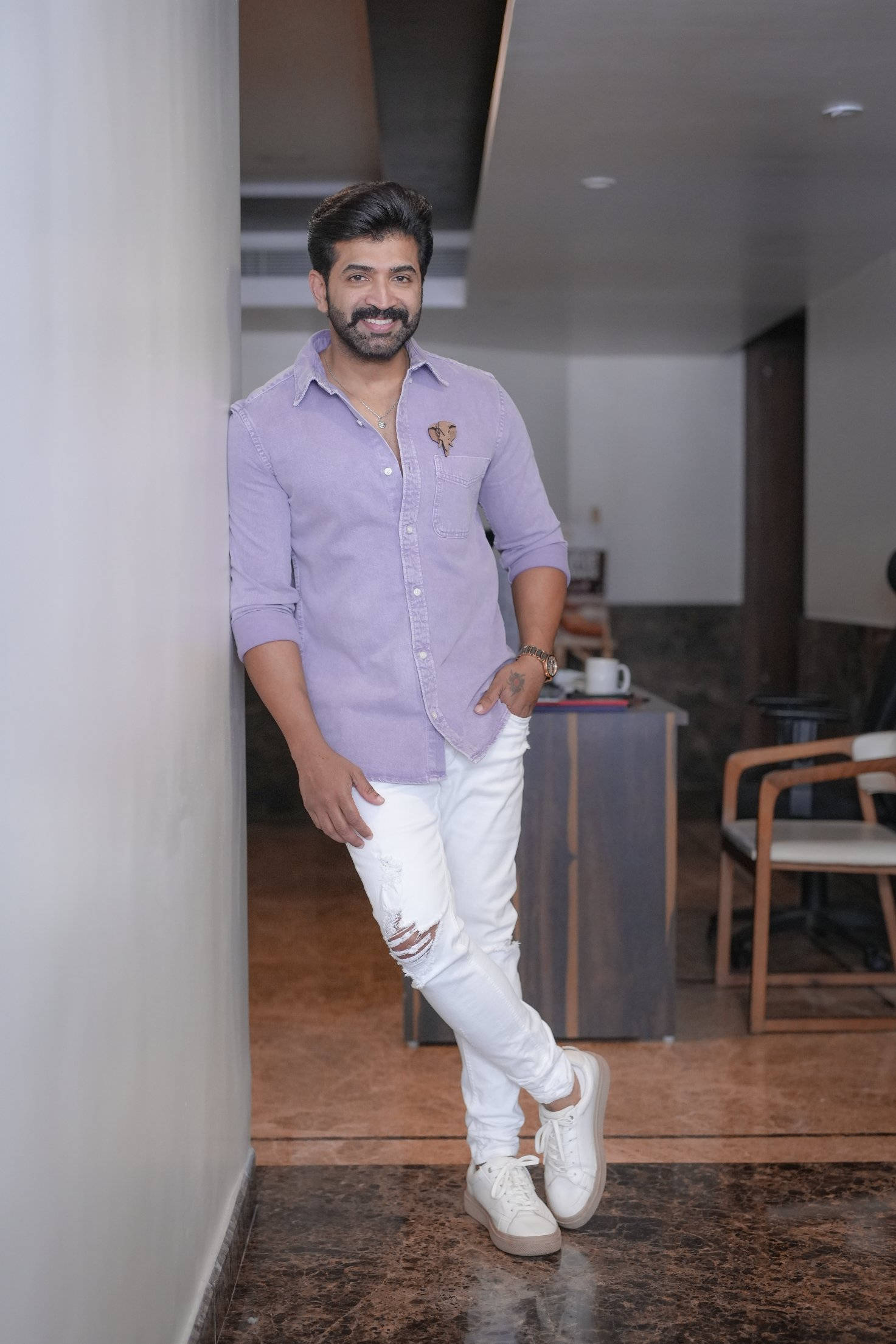 Arun Vijay, lavender shirt, white ripped jeans, Full HD Phone Wallpaper