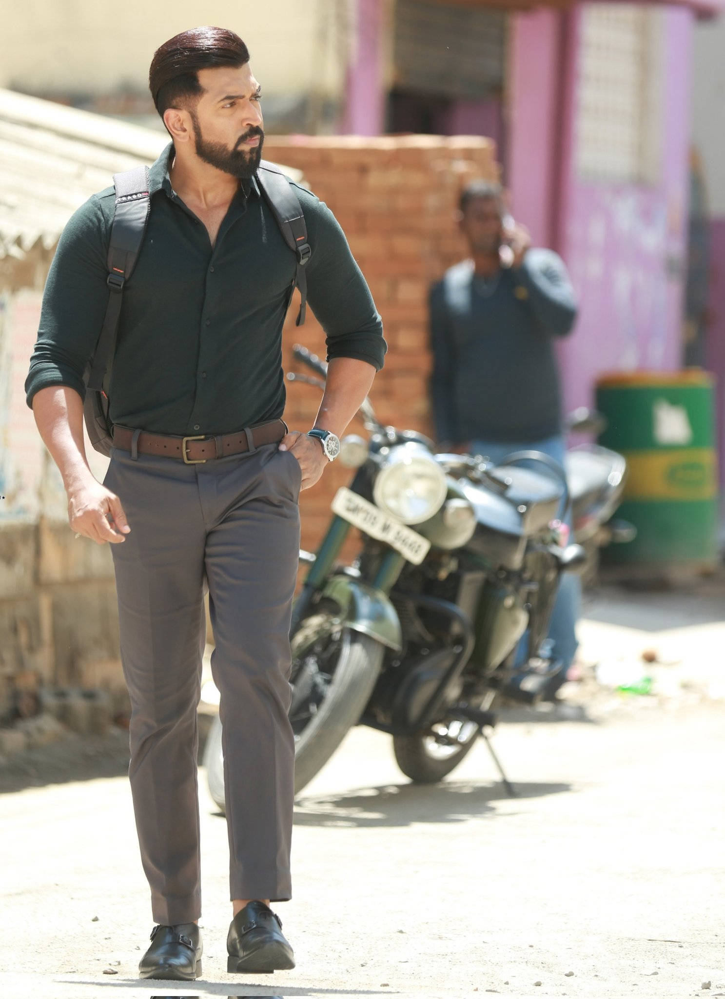 Arun Vijay, motorcycle, sunlit urban alley, Full HD Phone Wallpaper