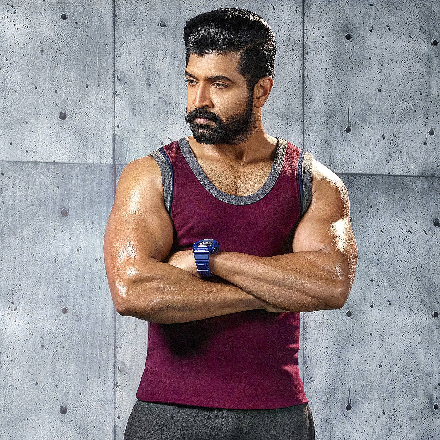 Arun Vijay, maroon tank top, blue watch, HD Desktop Wallpaper