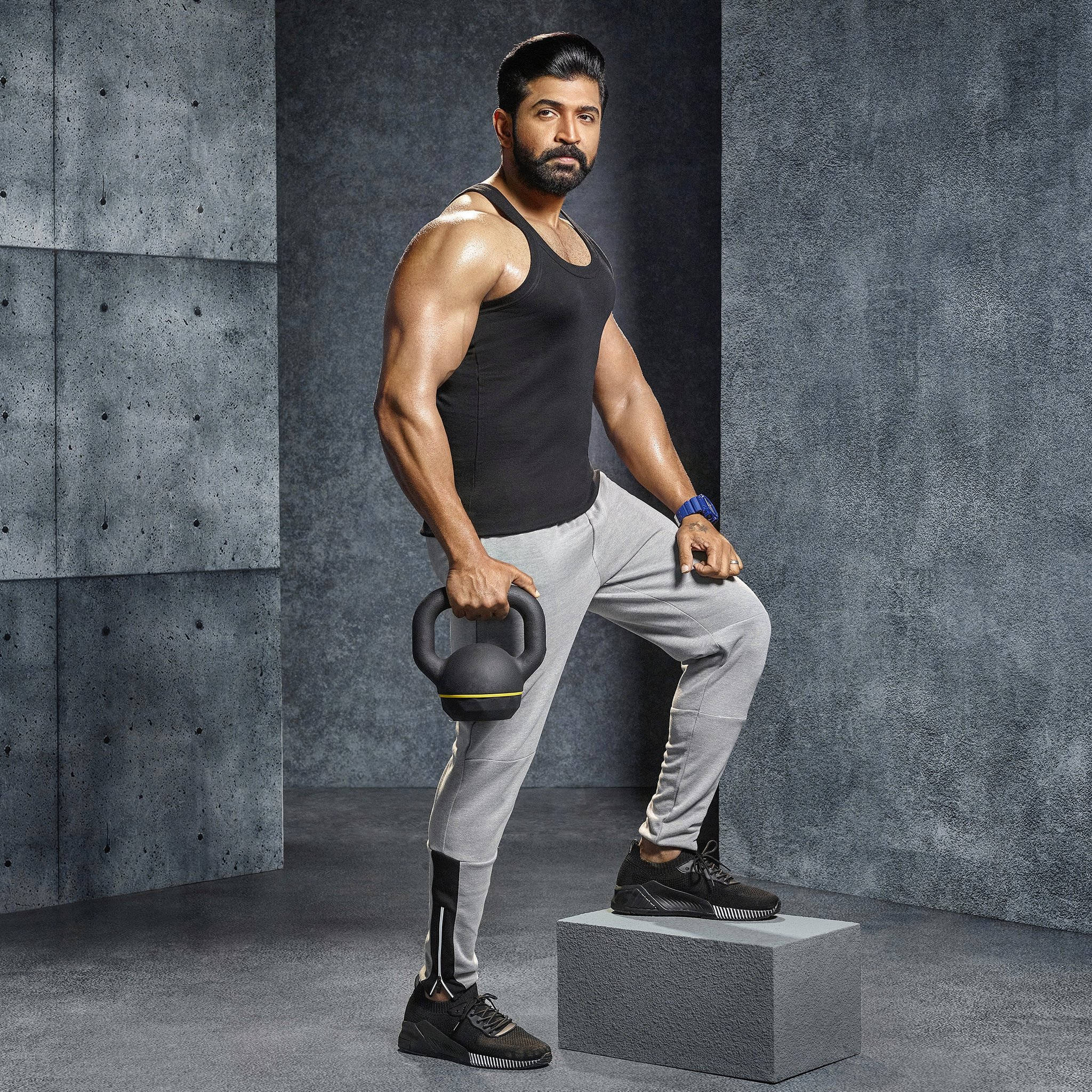 Arun Vijay, kettlebell, concrete block, Full HD Desktop Wallpaper