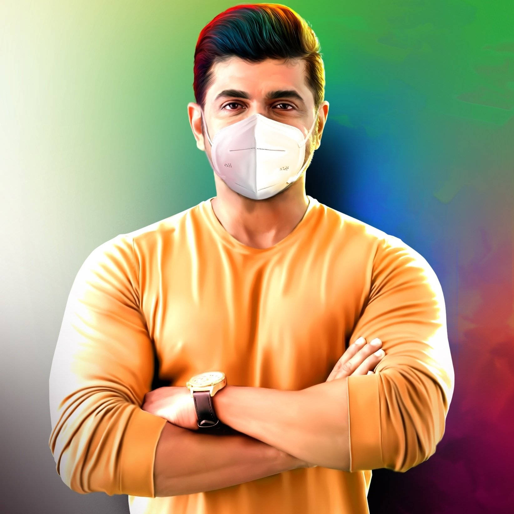 Arun Vijay, white face mask, orange shirt, HD Desktop Wallpaper