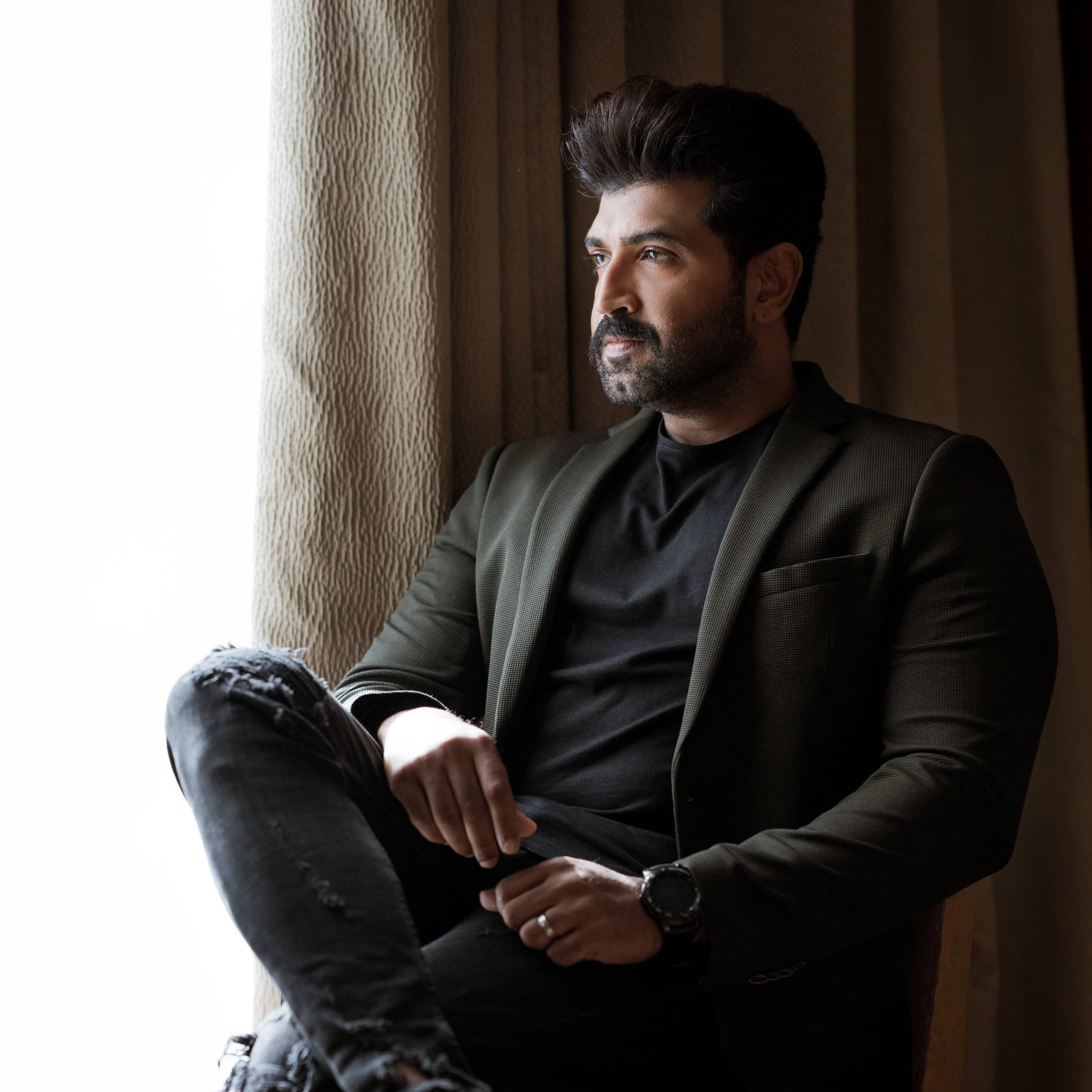 Arun Vijay, window, textured curtains, Full HD Phone Wallpaper