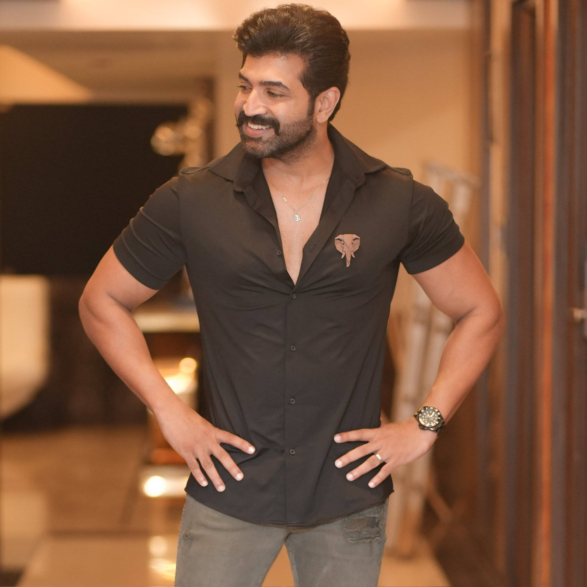 Arun Vijay, hands on hips, black shirt, Full HD Desktop Wallpaper