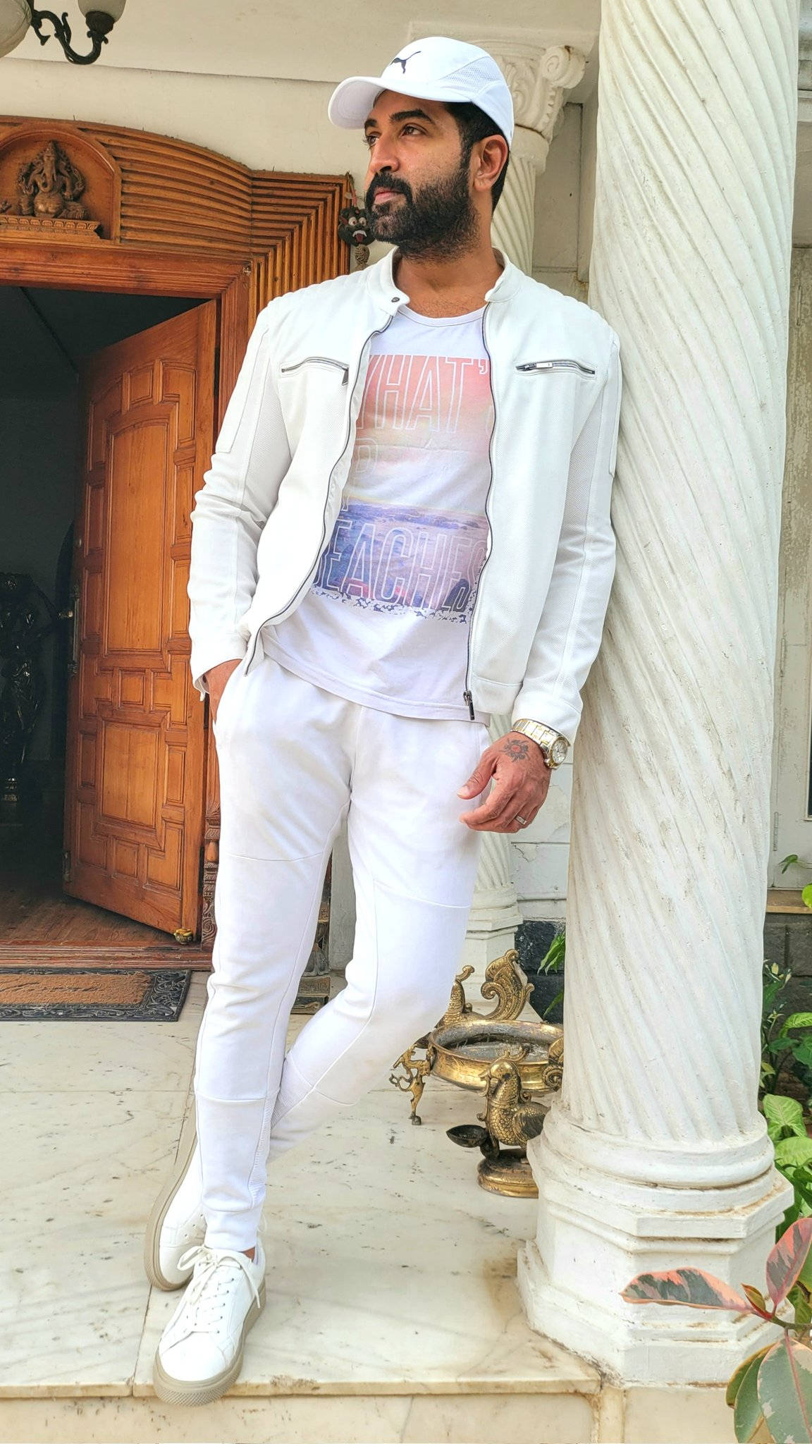 Arun Vijay, white outfit, marble column, Full HD Phone Wallpaper