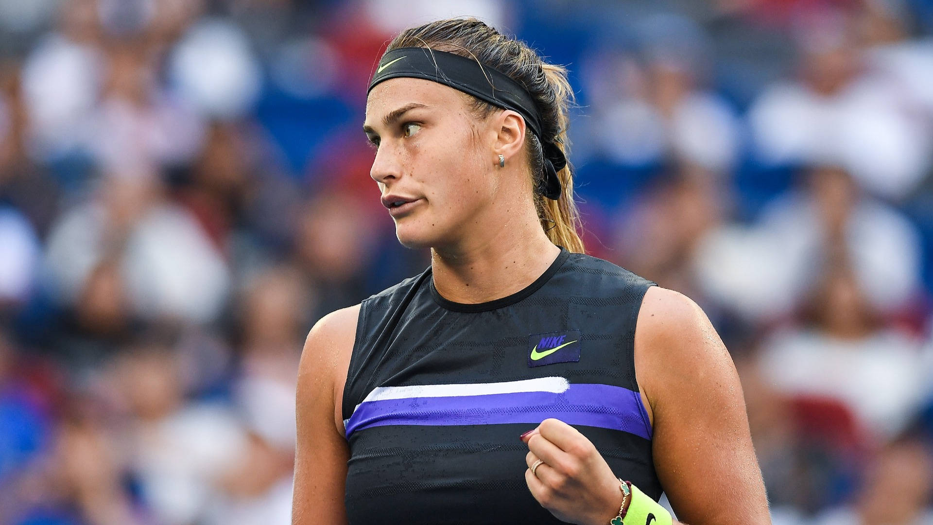 Aryna Sabalenka, black headband, black and purple Nike outfit, Full HD Desktop Wallpaper