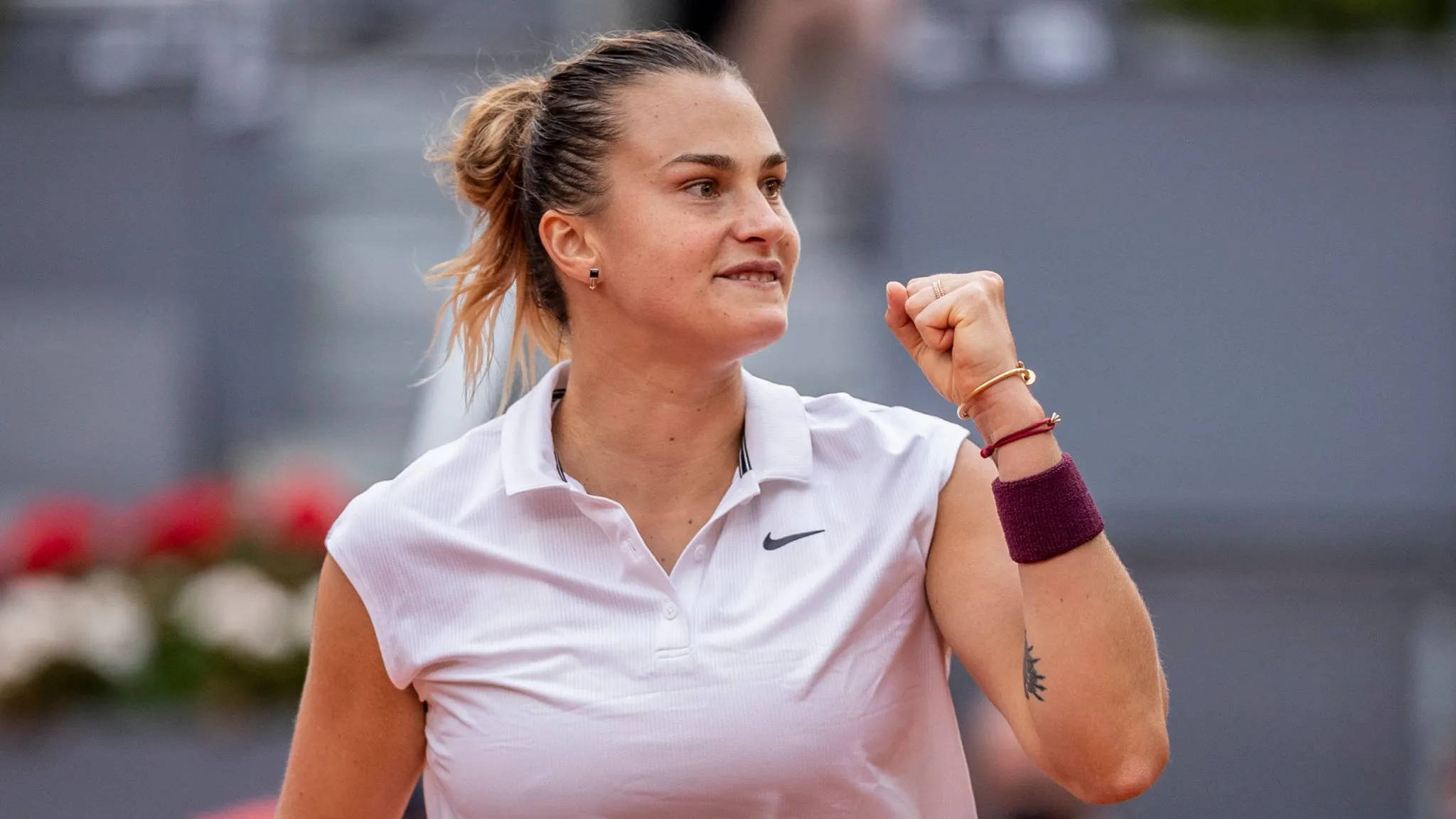Aryna Sabalenka, clay court, white sleeveless shirt, Full HD Desktop Wallpaper