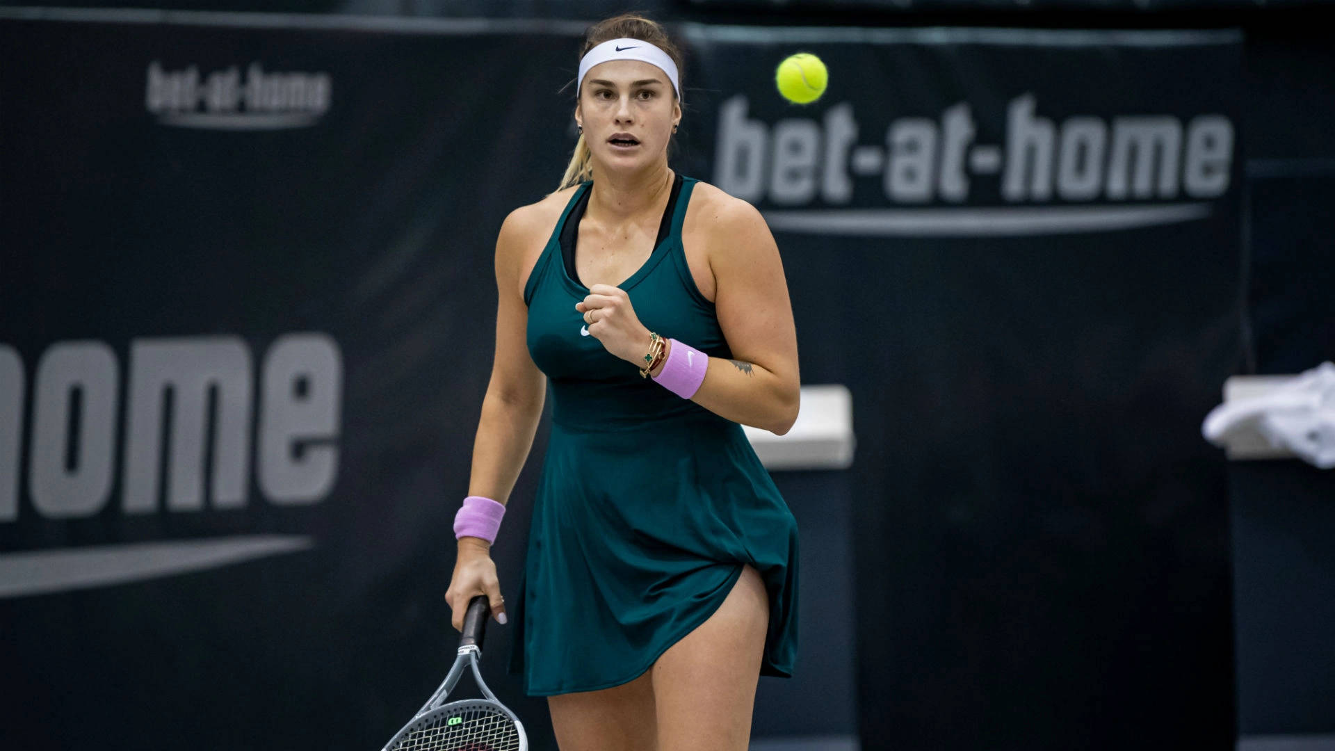 Aryna Sabalenka, teal dress, bright yellow ball, Full HD Desktop Wallpaper