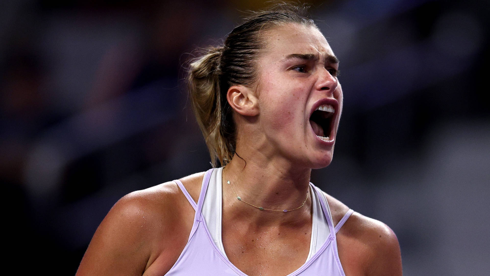Aryna Sabalenka, tennis court, bright stadium lights, Full HD Desktop Wallpaper