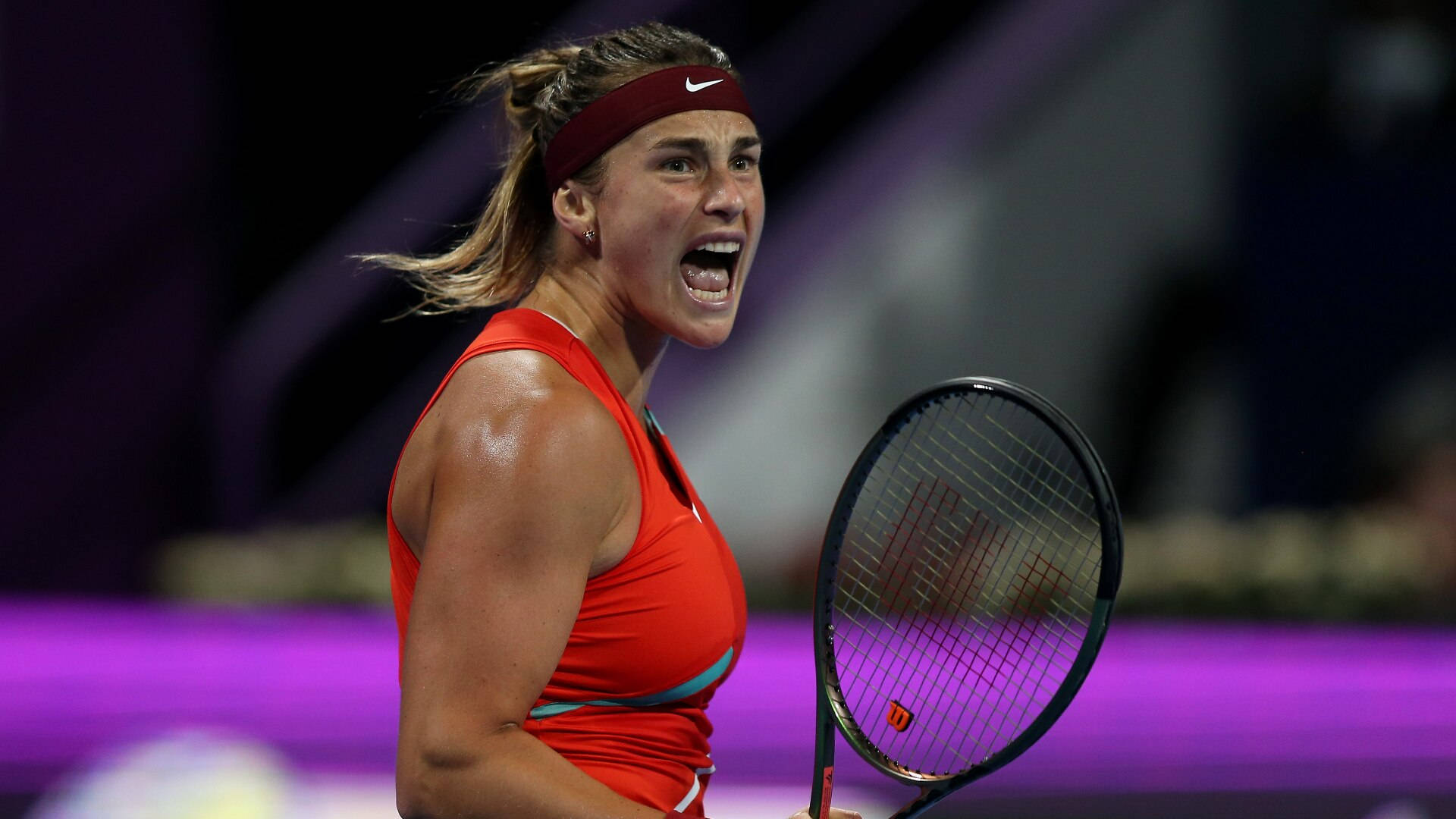 Aryna Sabalenka, maroon headband, red outfit, Full HD Desktop Wallpaper