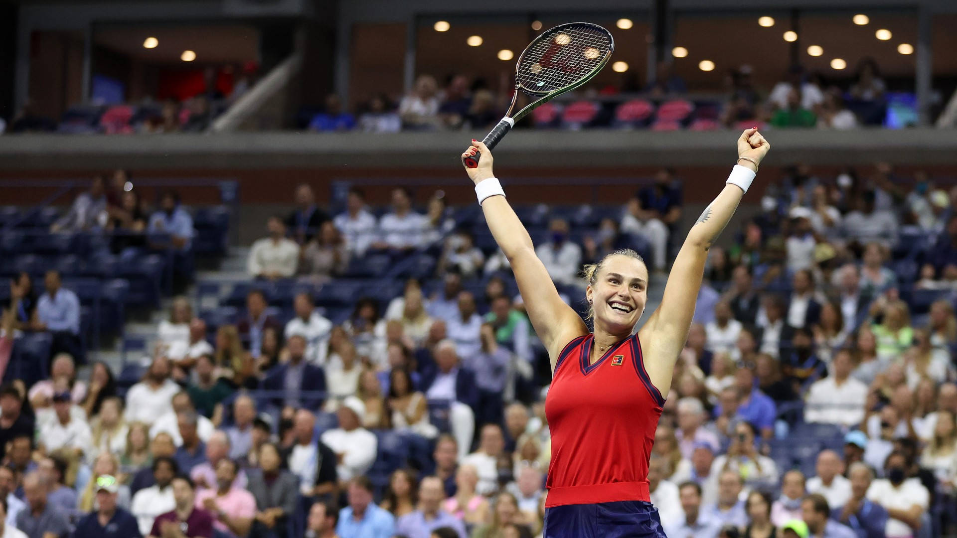 Aryna Sabalenka, red top, racket, Full HD Desktop Wallpaper