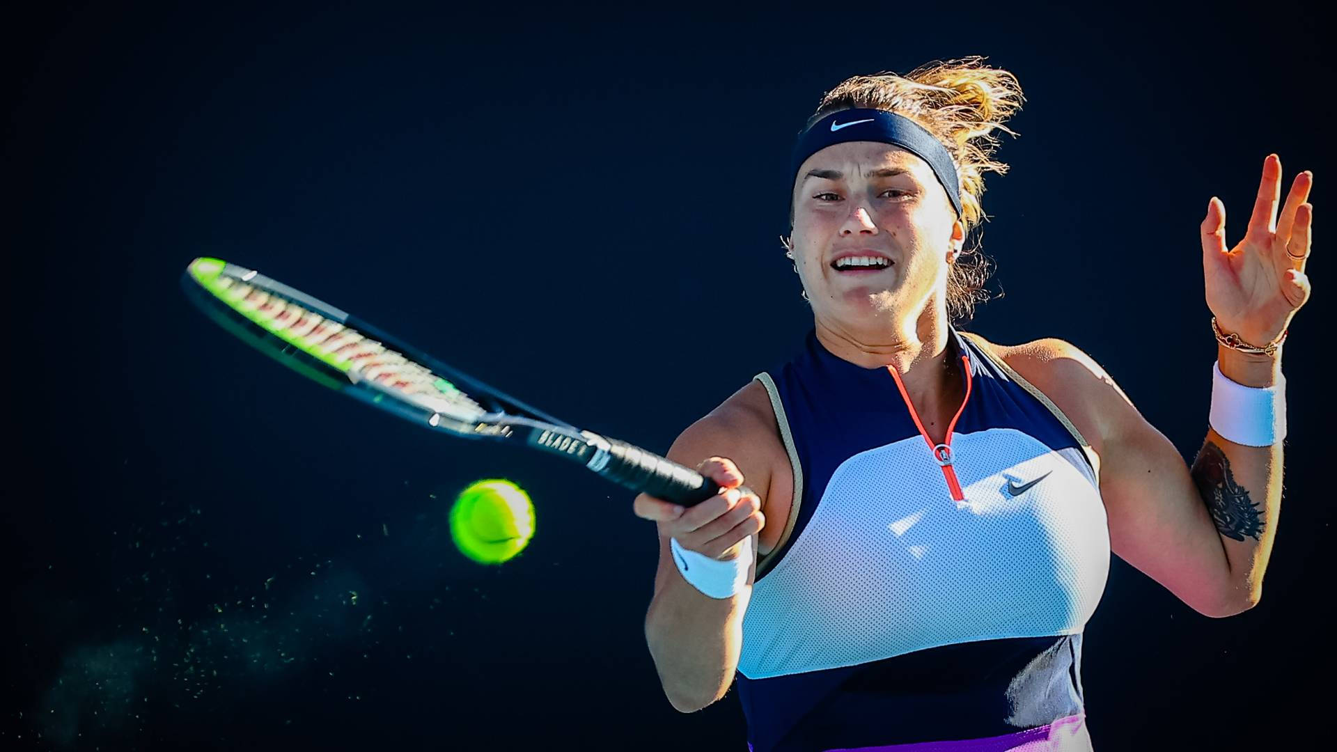 Aryna Sabalenka, bright green ball, dark background, Full HD Desktop Wallpaper