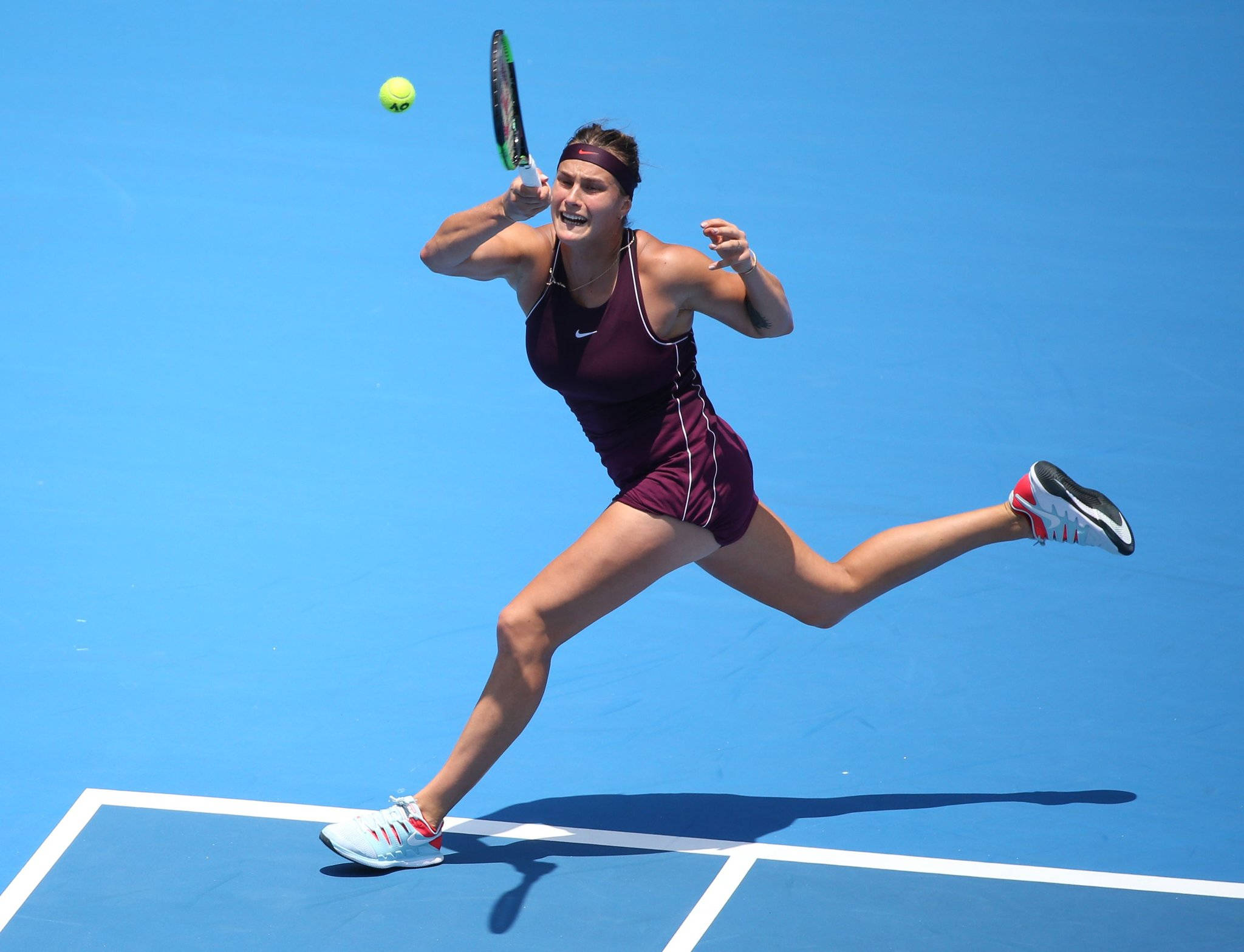 Aryna Sabalenka, maroon gear, bright yellow ball, Full HD Desktop Wallpaper