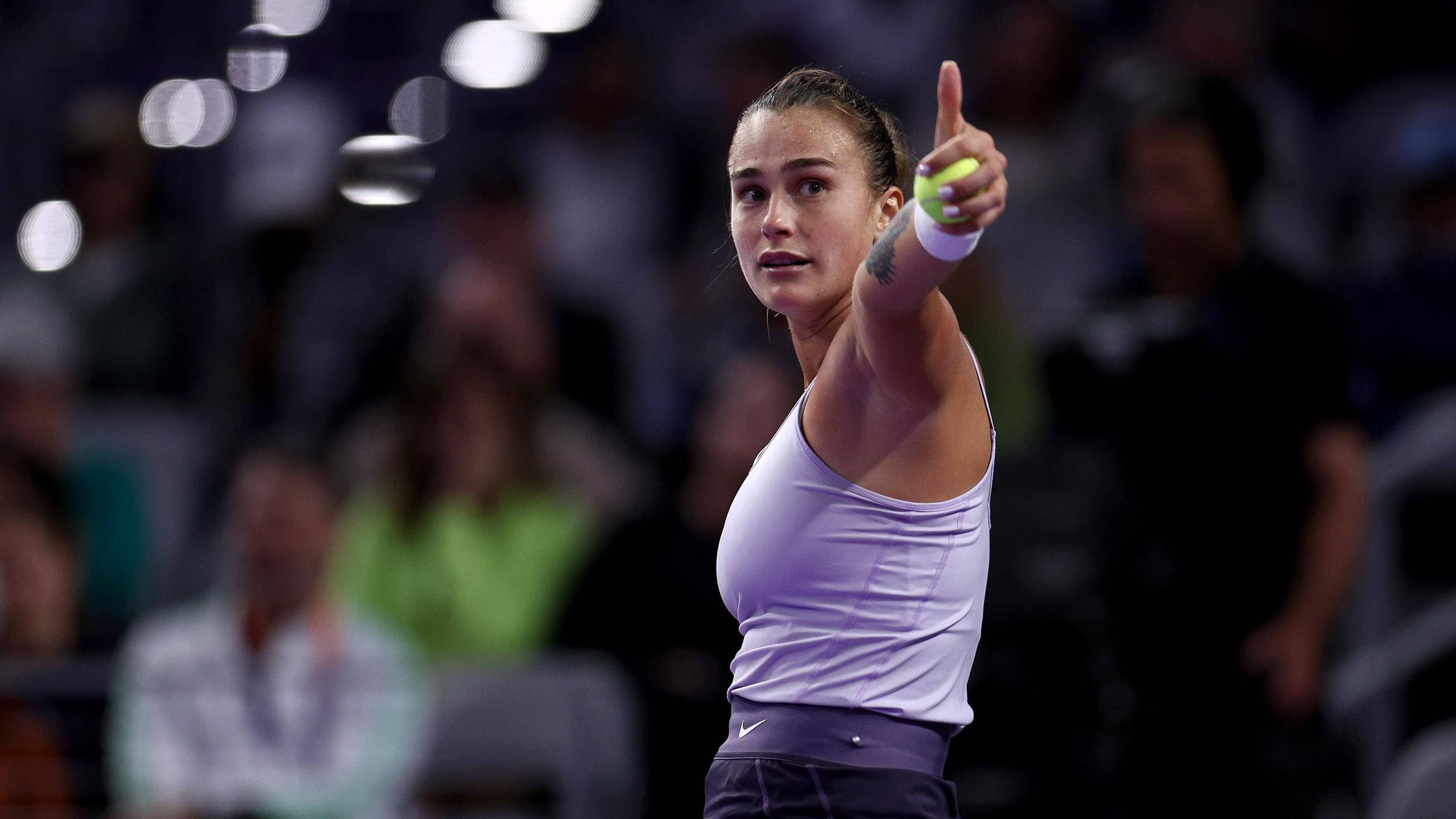 Aryna Sabalenka, white top, yellow ball, 2K Desktop Wallpaper