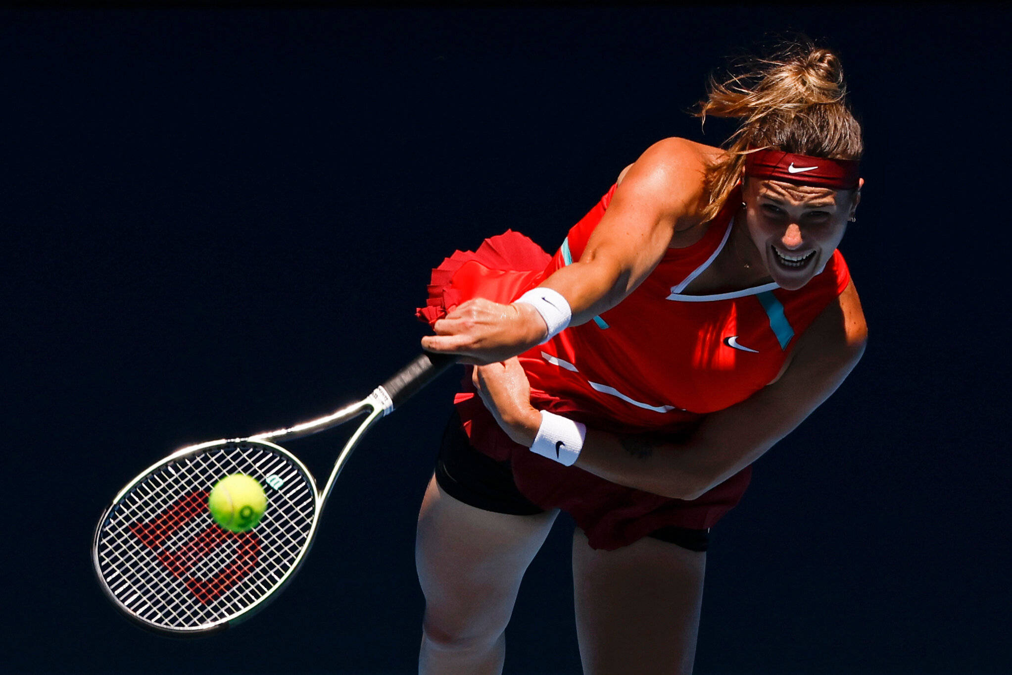 Aryna Sabalenka, red outfit, yellow ball, Full HD Desktop Wallpaper