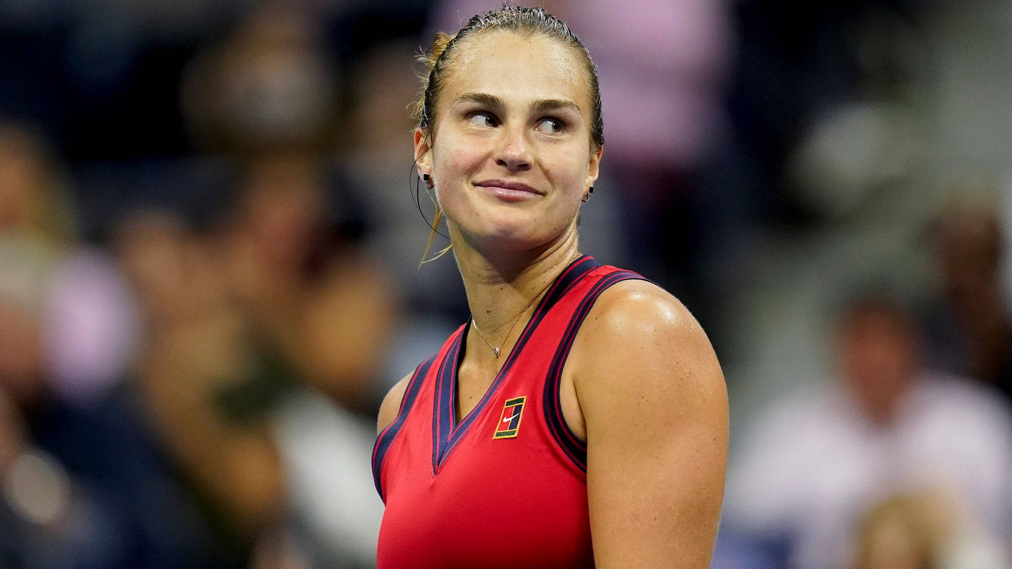 Aryna Sabalenka, red athletic top, bright stadium lights, Full HD Desktop Wallpaper