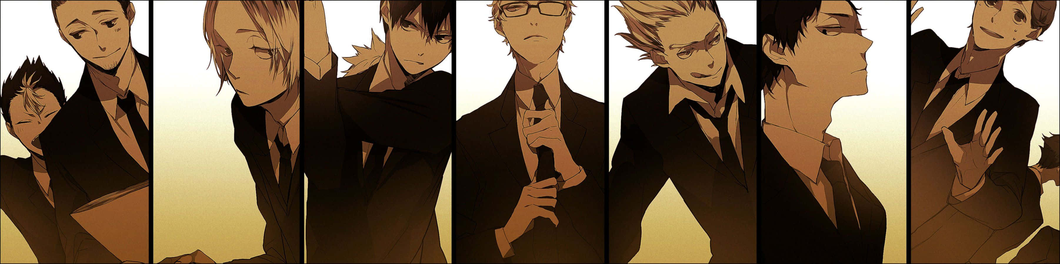 Asahi Azumane, black suits, warm golden background, 2K Desktop Wallpaper