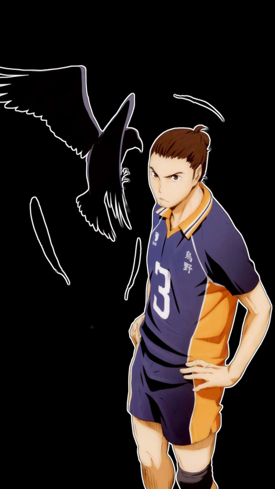 Asahi Azumane, purple and orange uniform, stylized crow, Full HD Phone Wallpaper