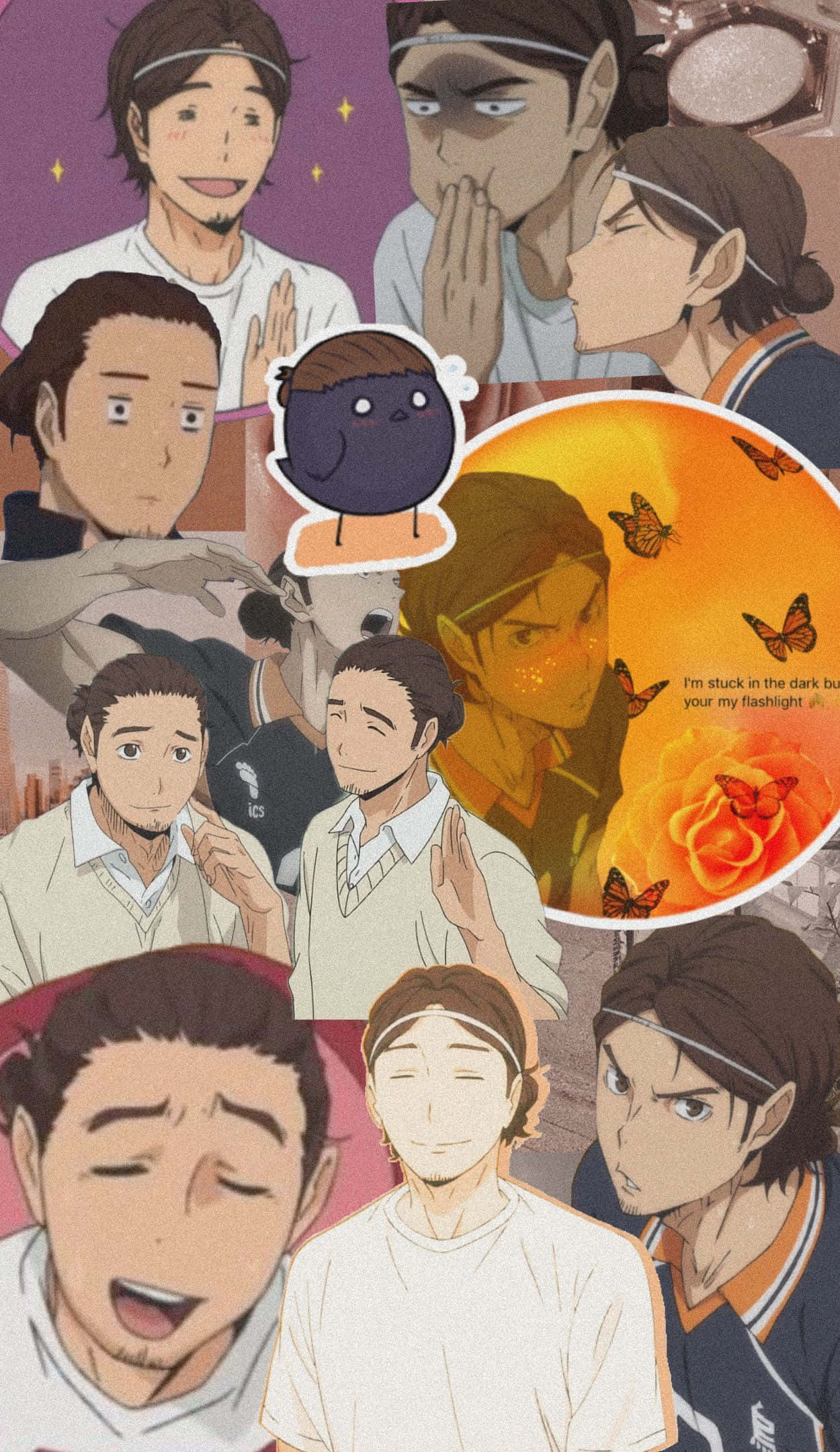 Asahi Azumane, orange circular inset, butterflies, Full HD Phone Wallpaper