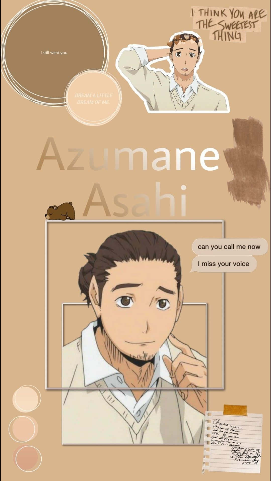 Asahi Azumane, warm-toned collage, handwritten romantic quotes, Full HD Phone Wallpaper