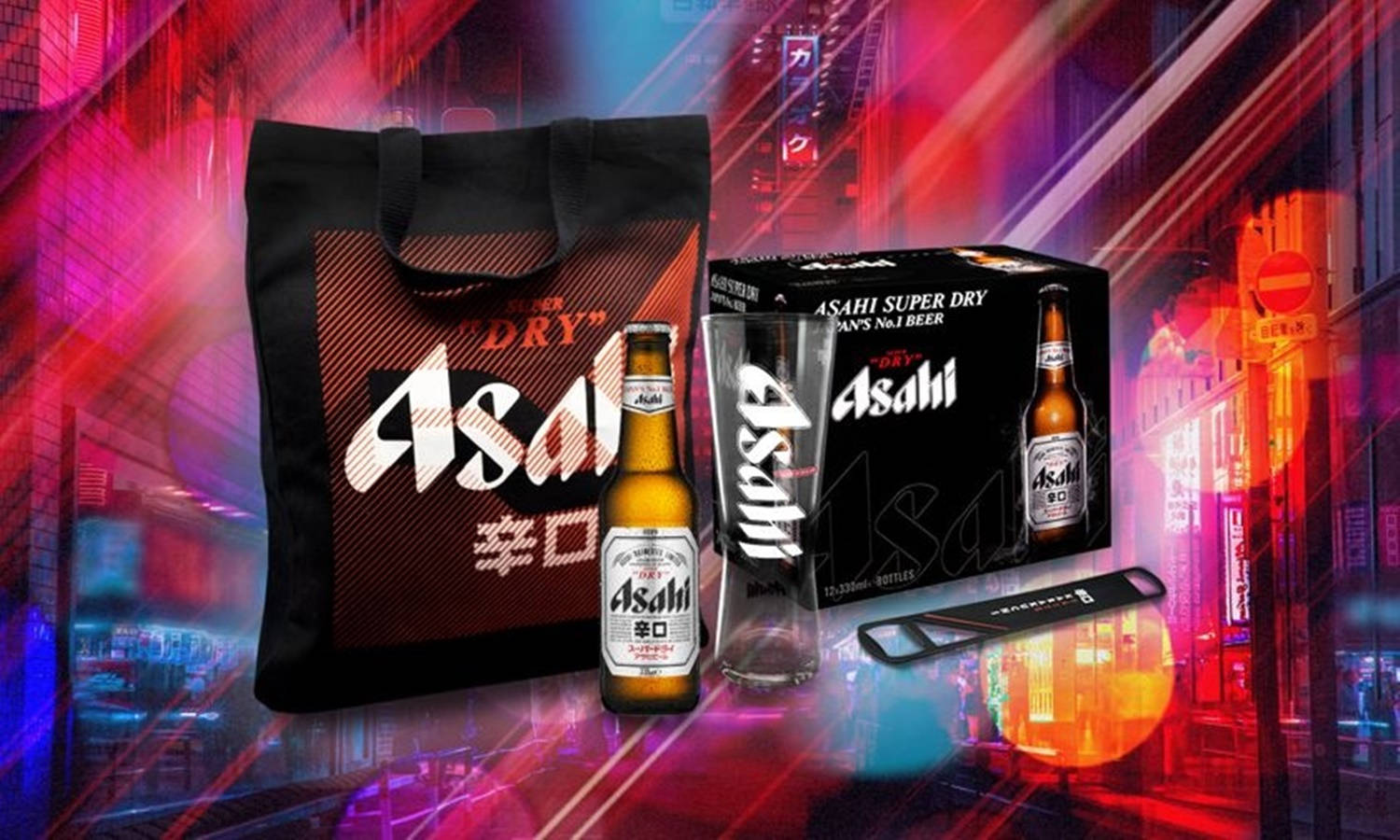 Asahi Super Dry, neon-lit Japanese cityscape, night, HD Desktop Wallpaper