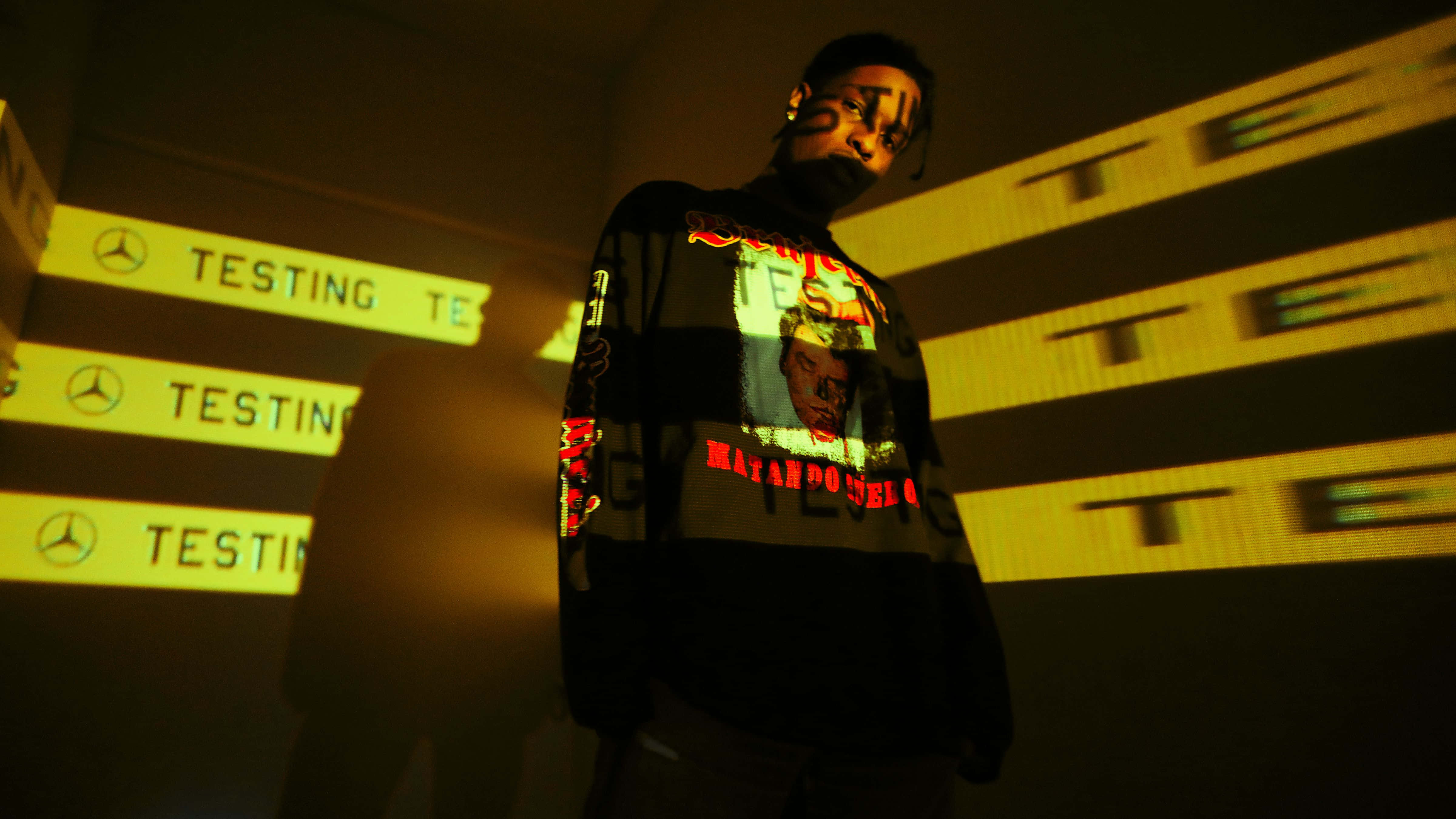 Asap Rocky, yellow lines, glowing 'TESTING' signs, 4K Desktop Wallpaper
