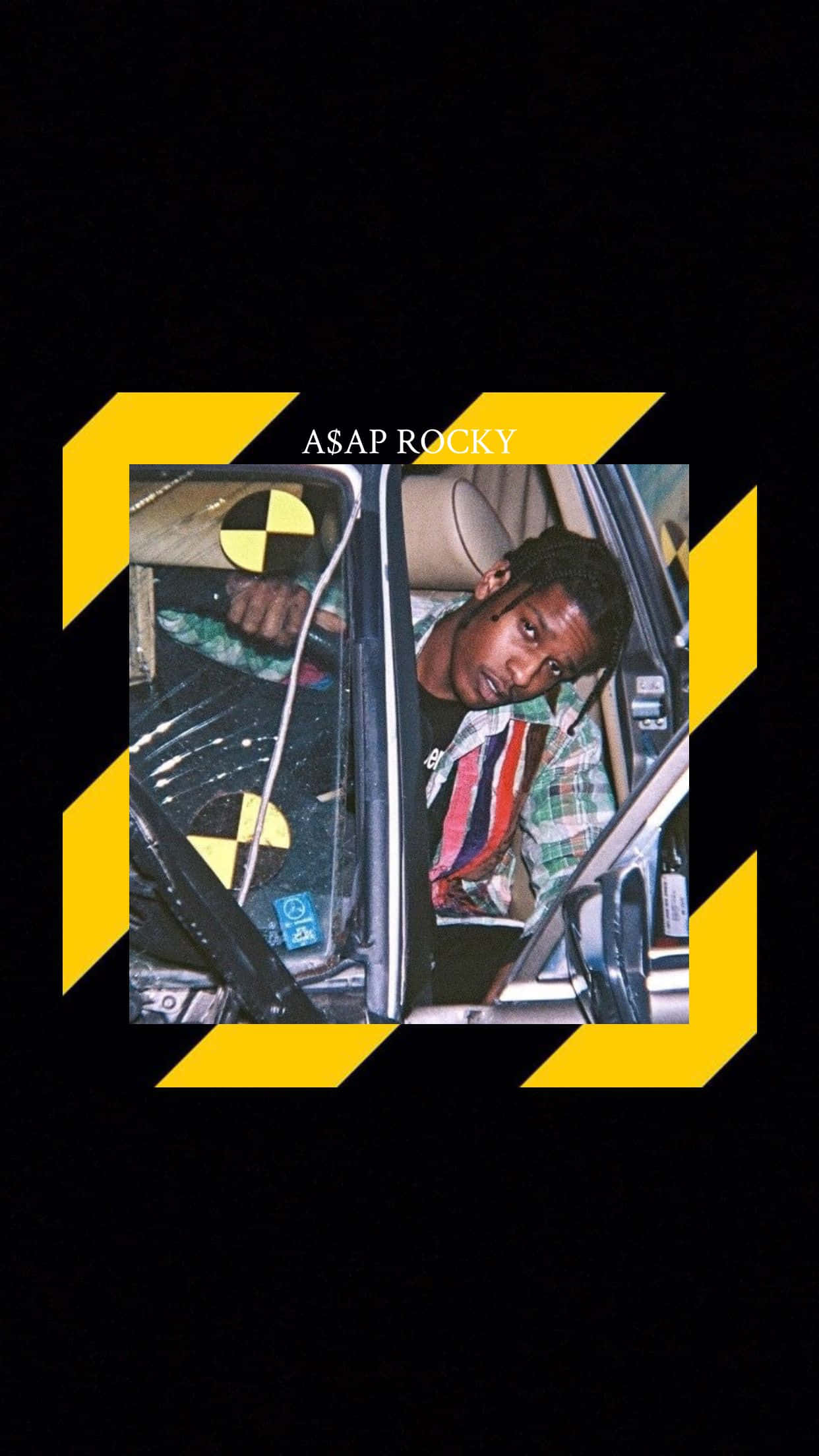 ASAP Rocky, yellow hazard stripes, black background, Full HD Phone Wallpaper