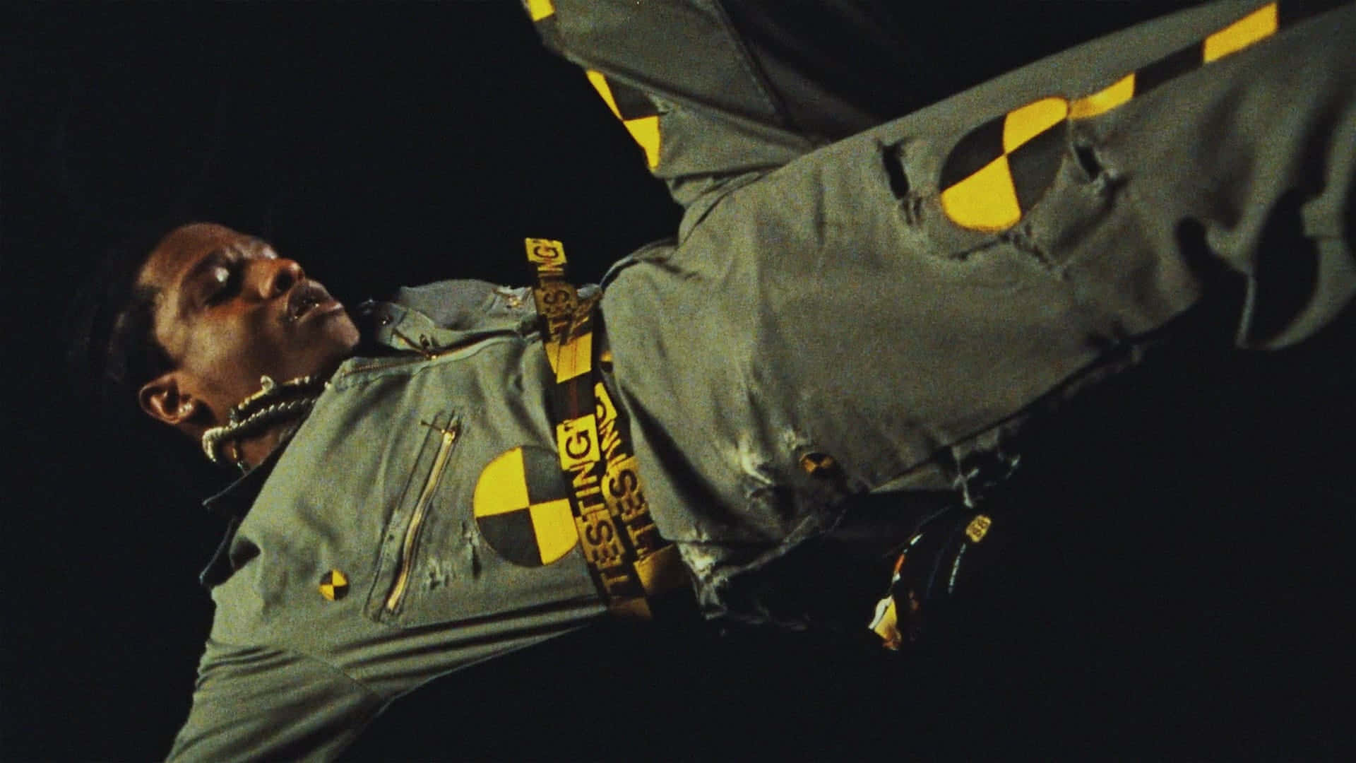 ASAP Rocky, ripped gray jumpsuit, yellow radiation symbols, Full HD Desktop Wallpaper