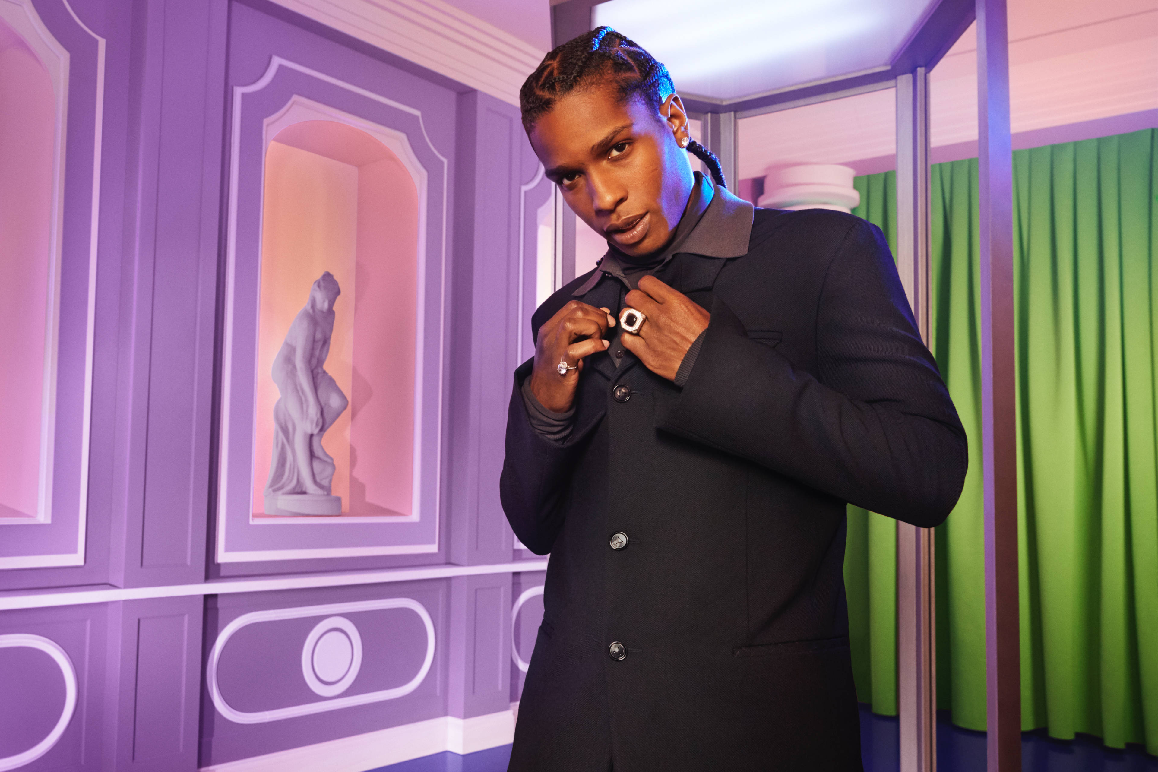 Asap Rocky, black coat, surreal purple and green room, 4K Desktop Wallpaper