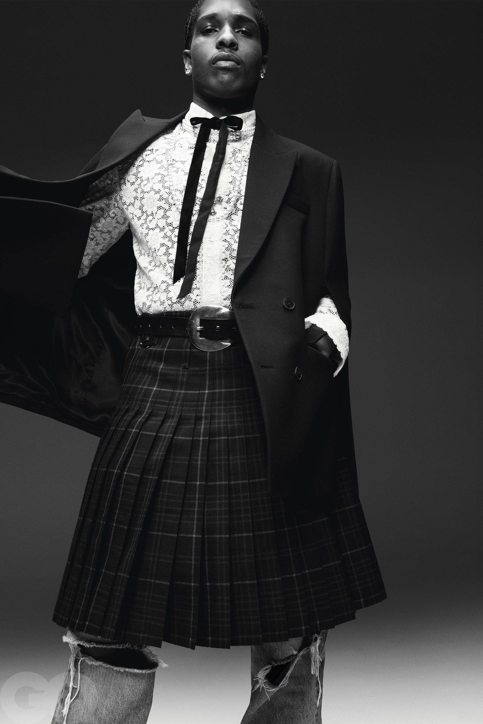 Asap Rocky, plaid skirt, black blazer, Full HD Phone Wallpaper