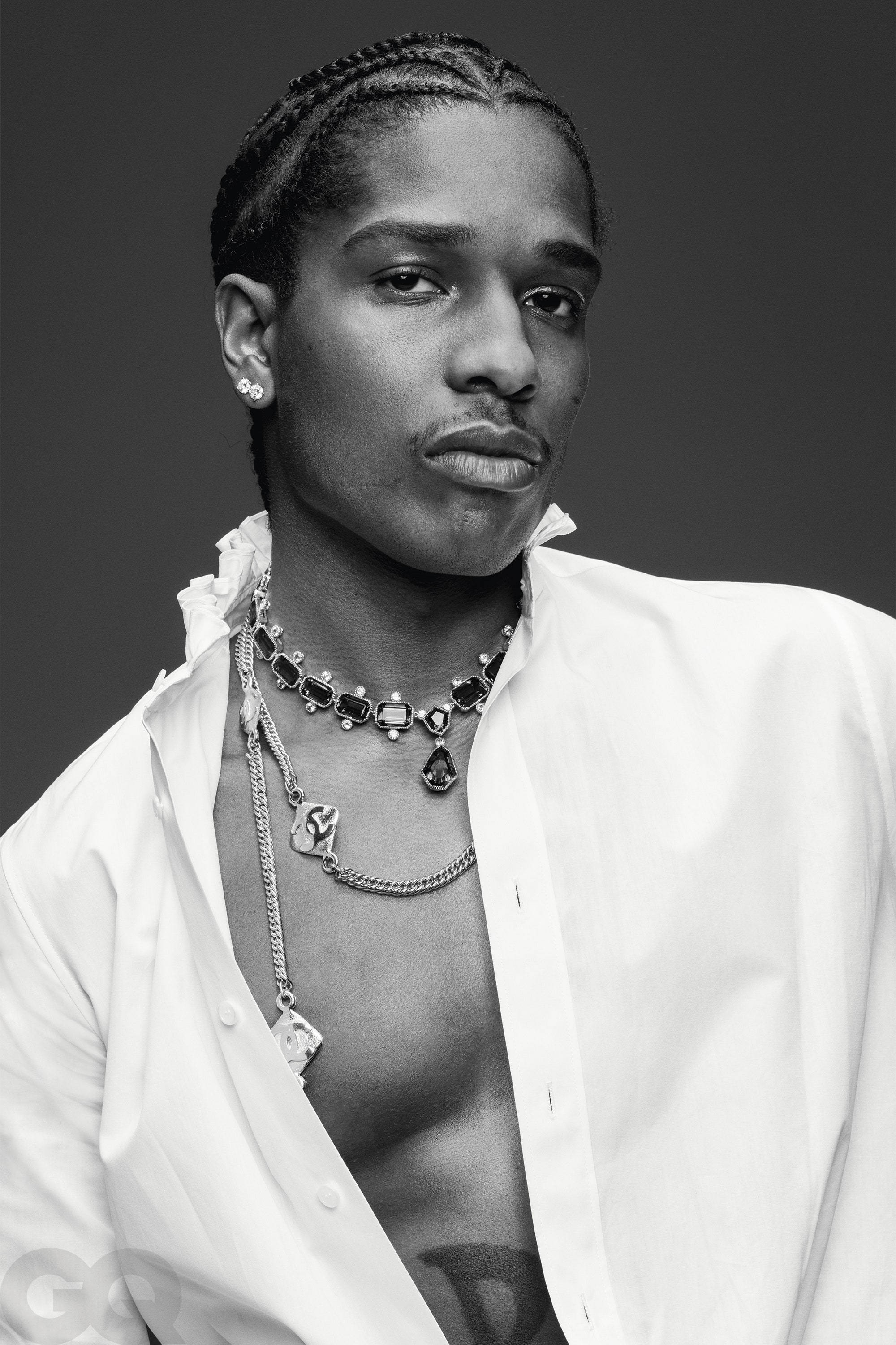 Asap Rocky, black and white portrait, braided hair, 2K Phone Wallpaper