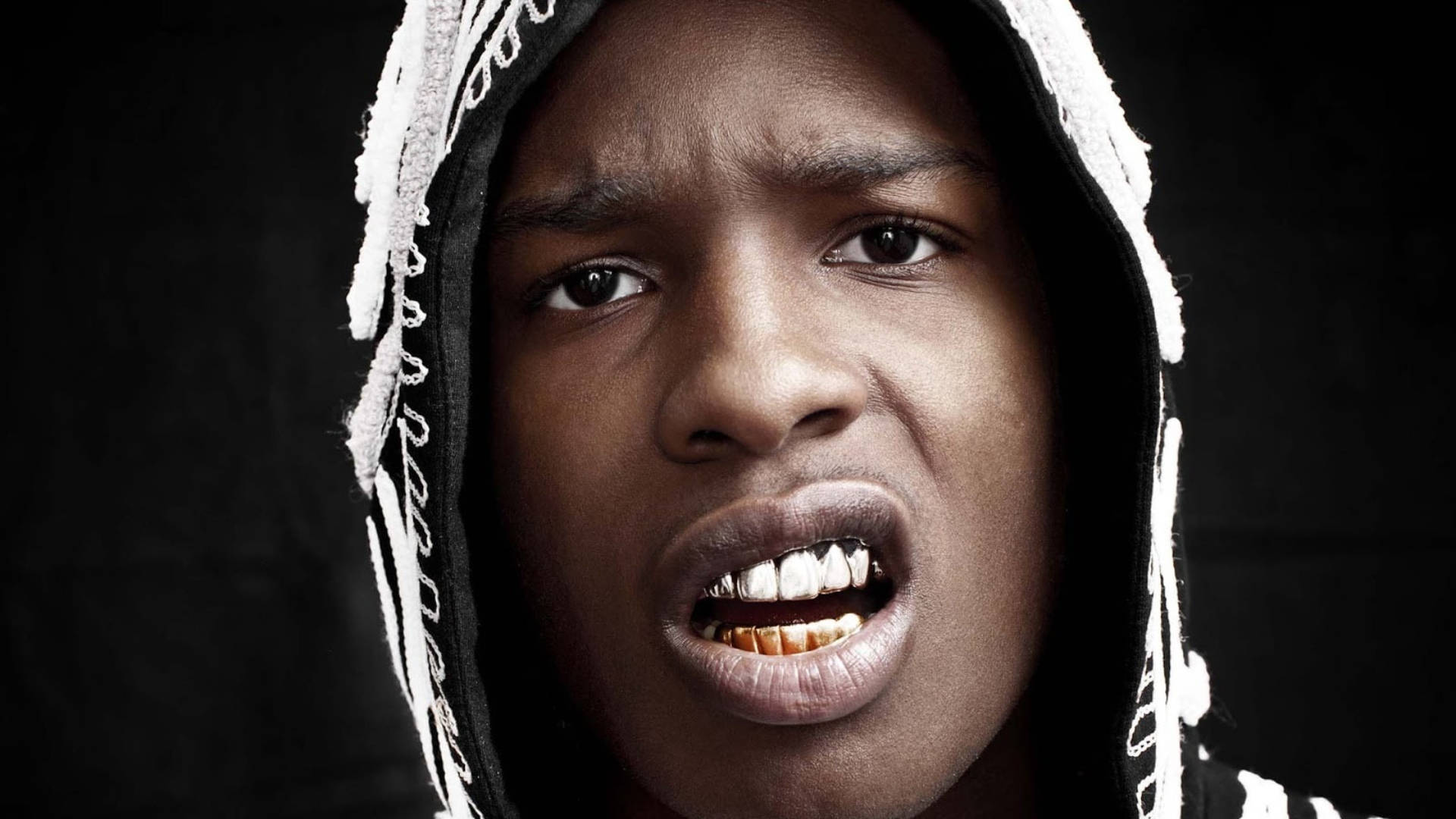 Asap Rocky, white hooded jacket, gold teeth, Full HD Desktop Wallpaper