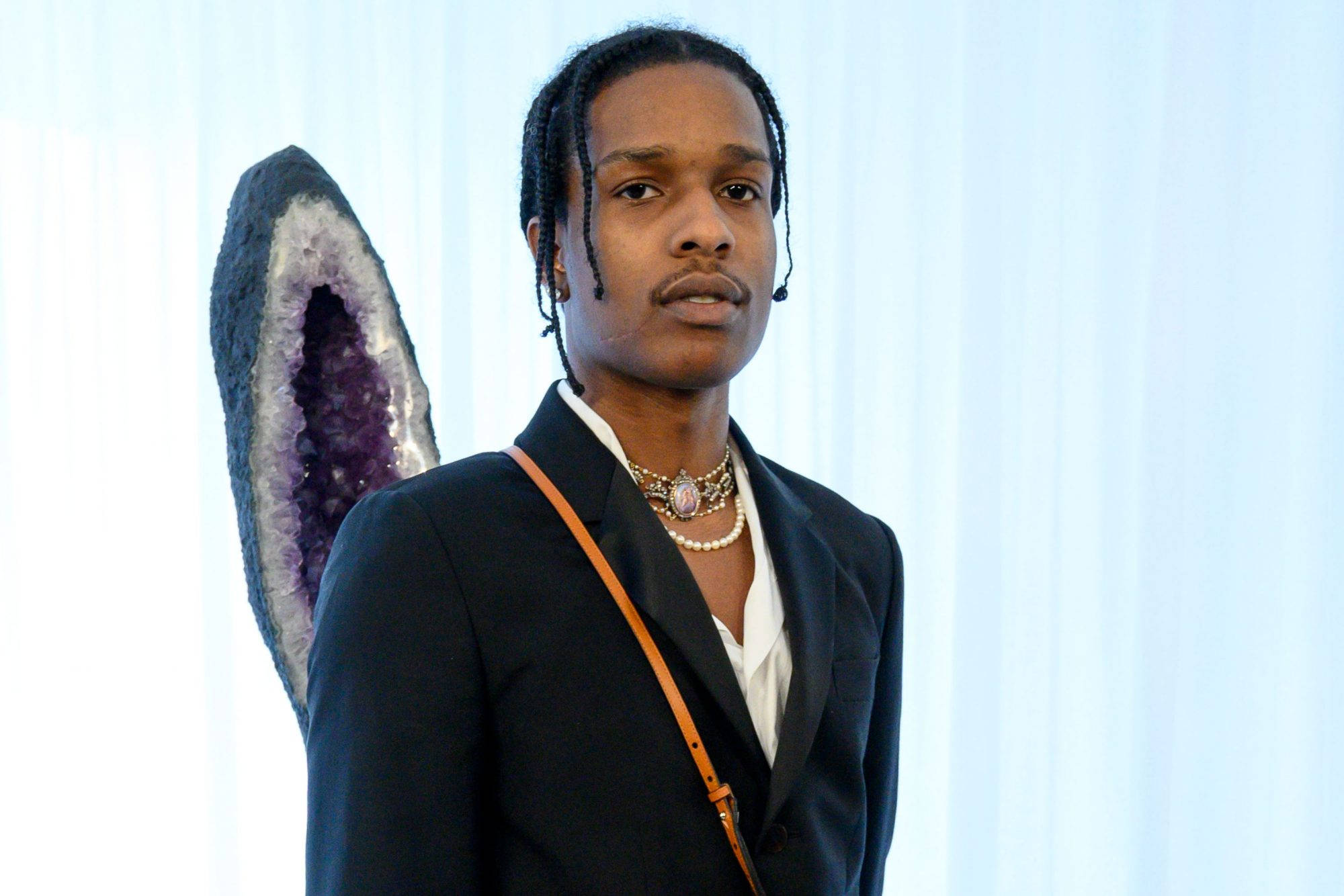 Asap Rocky, amethyst geode, light blue curtain, Full HD Desktop Wallpaper