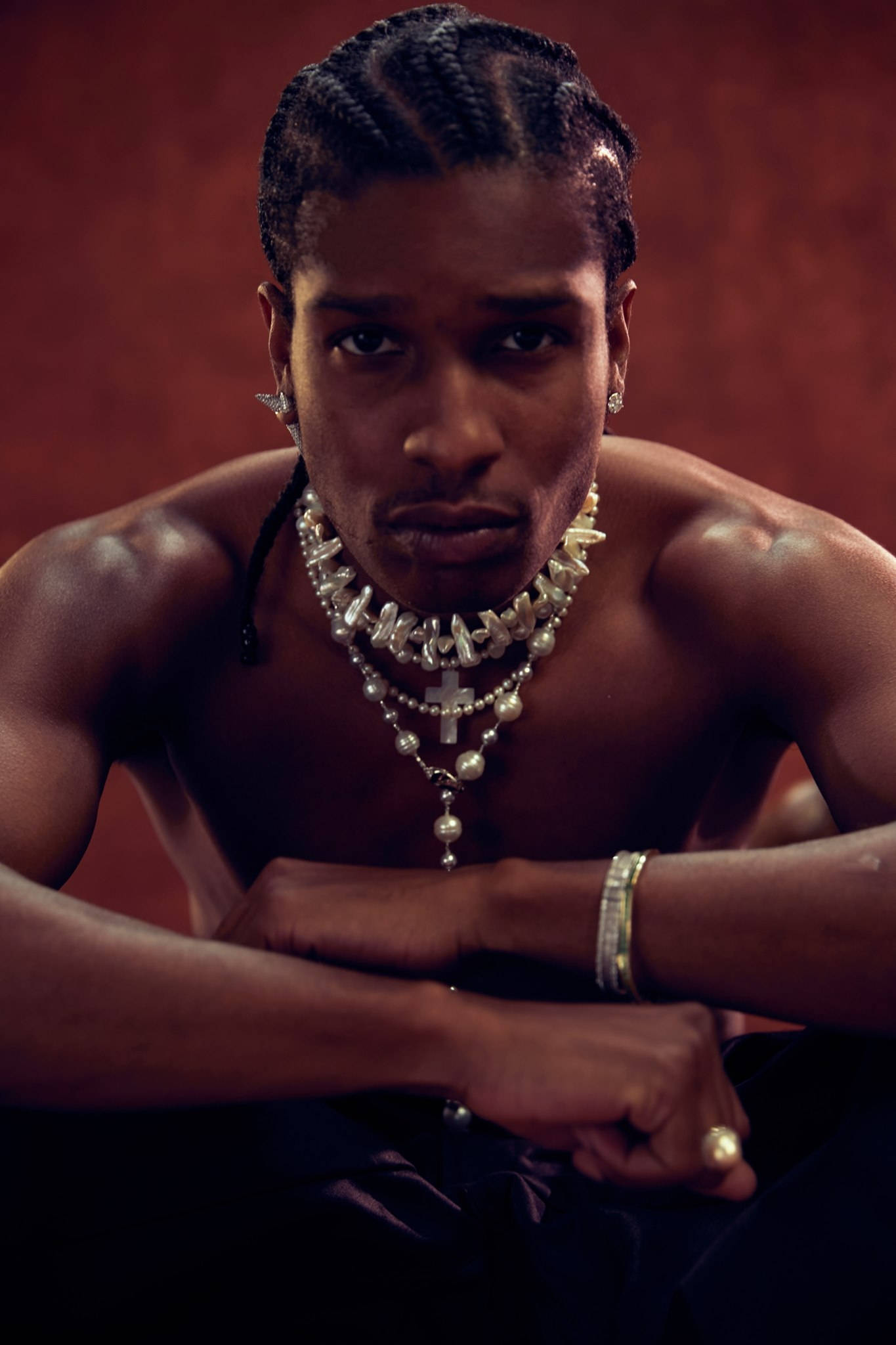 Asap Rocky, braided hair, layered pearl and cross necklaces, Full HD Phone Wallpaper