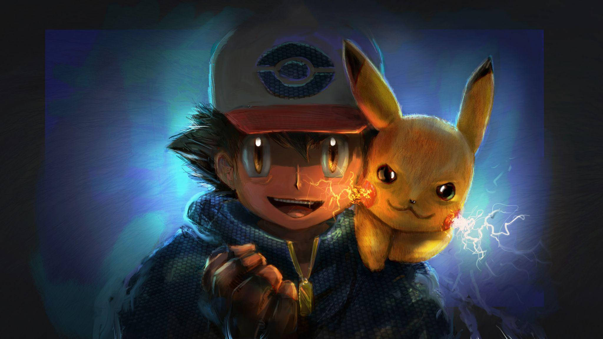Ash, Pikachu, blue gradient, Full HD Desktop Wallpaper