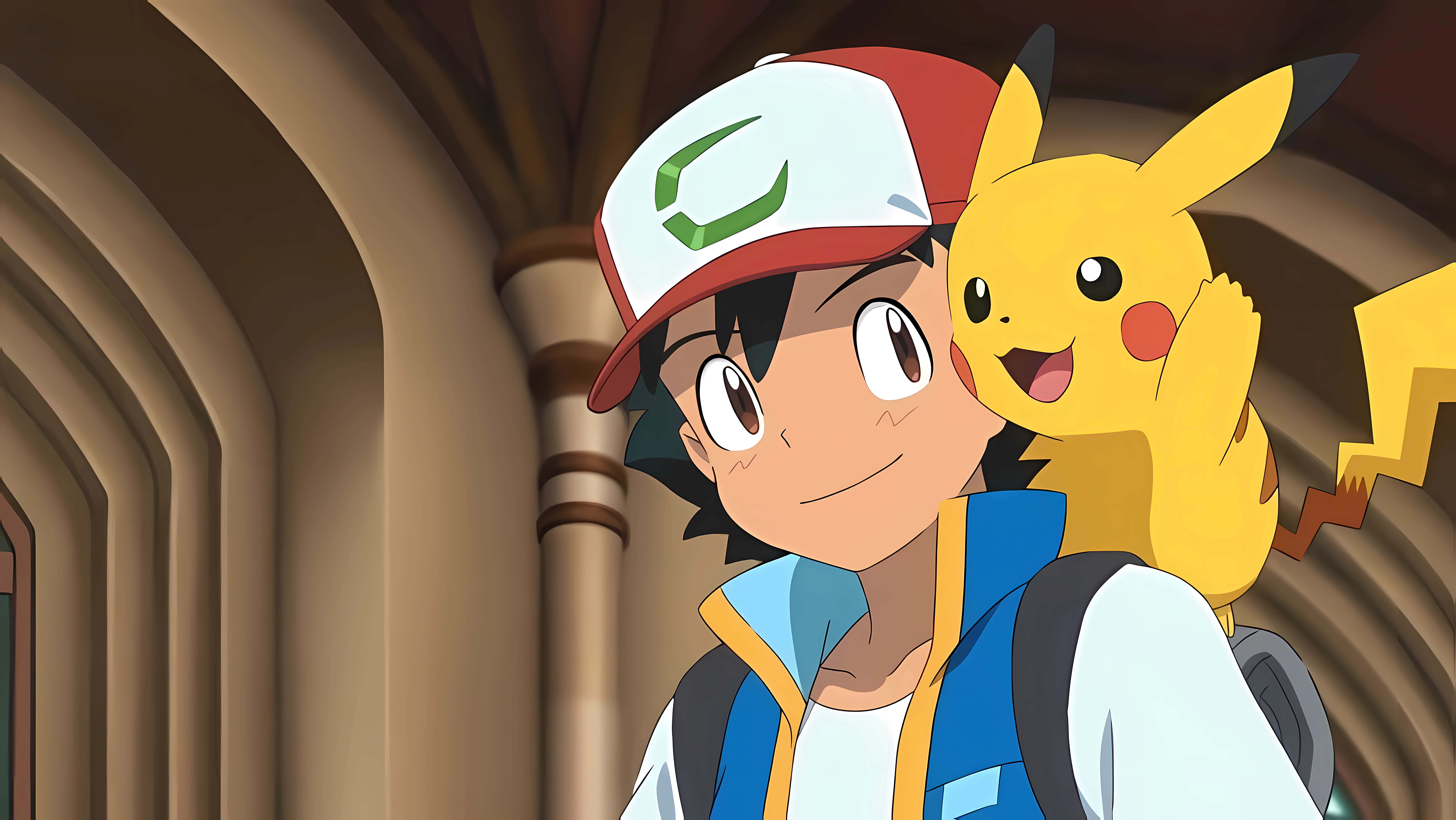 Ash, Pikachu, stone archway corridor, 8K Desktop Wallpaper