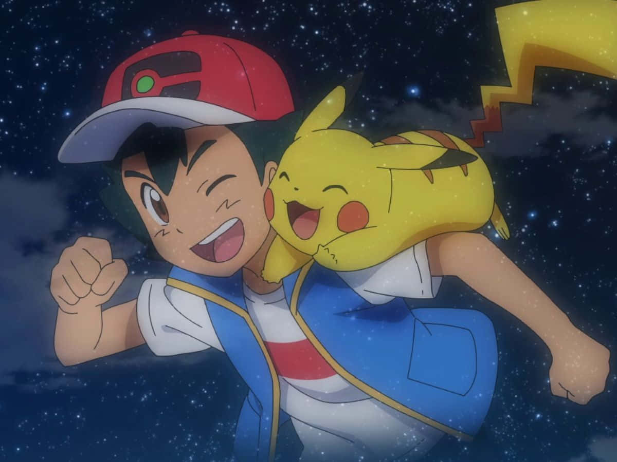 Ash, Pikachu, starry night sky, SD Desktop Wallpaper