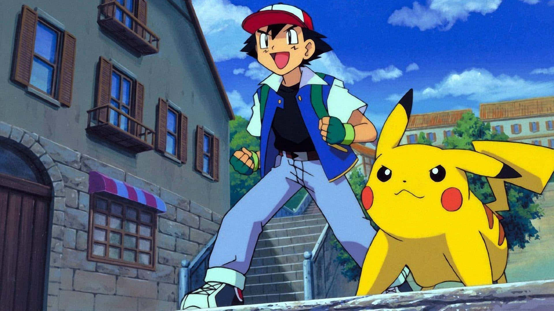 Ash, Pikachu, European-style town, Full HD Desktop Wallpaper