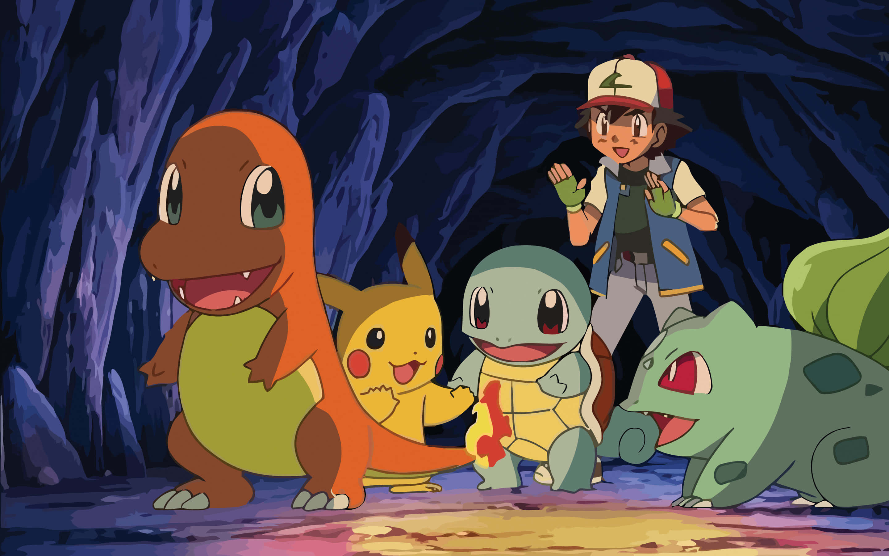 Ash, Pikachu, glowing cave, 2K Desktop Wallpaper