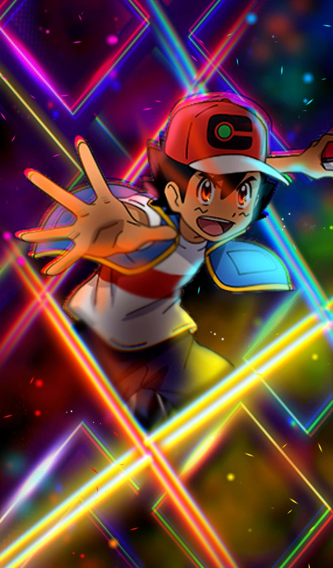 Ash Ketchum, red cap, neon light beams, Full HD Phone Wallpaper