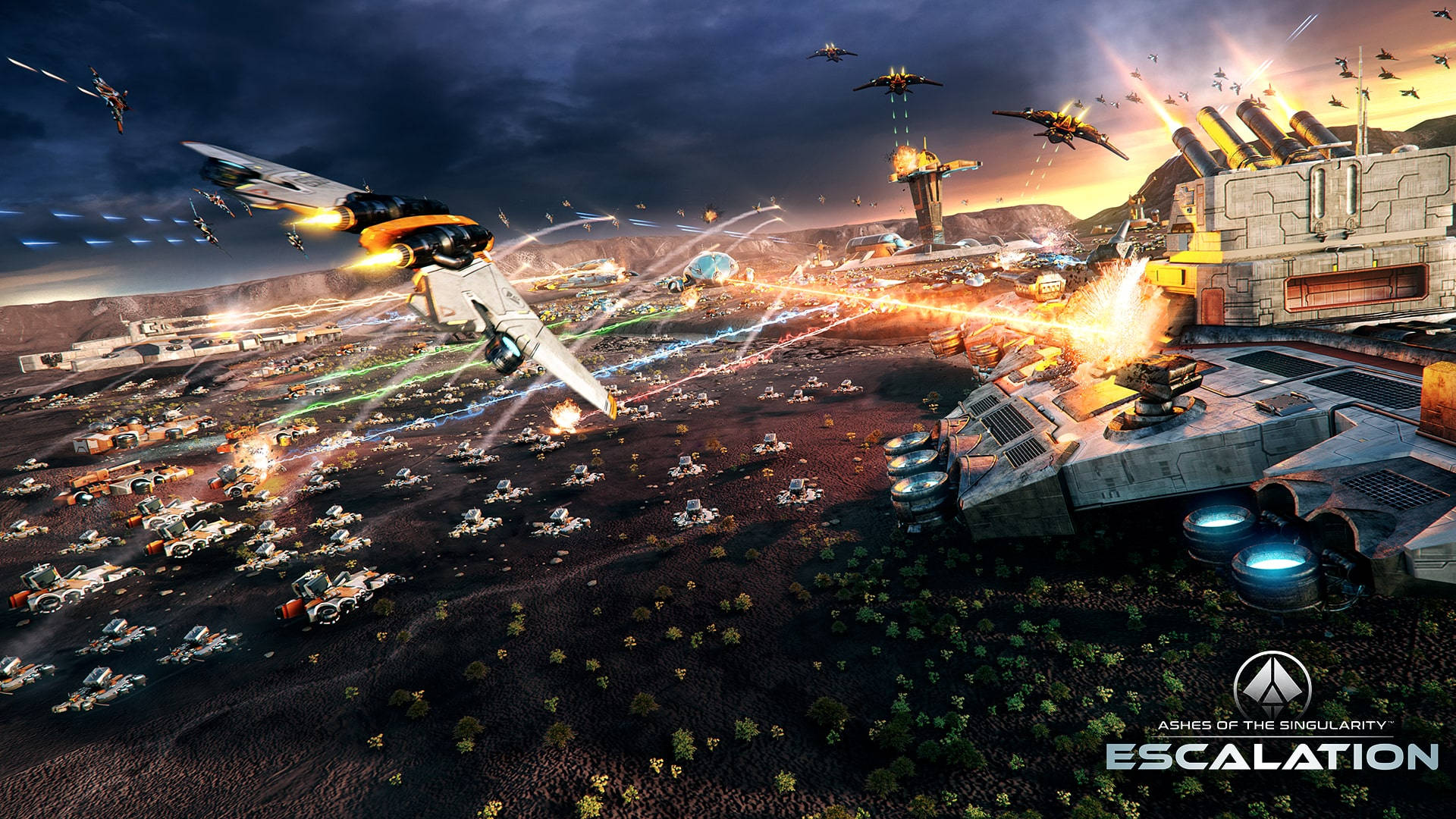 Ashes of the Singularity: Escalation, desert battlefield, flying mechs, Full HD Desktop Wallpaper