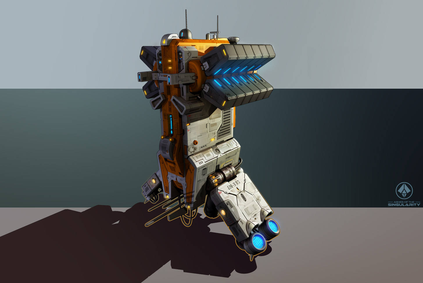 Ashes of the Singularity: Escalation, orange and white mech, glowing blue thrusters, HD Desktop Wallpaper