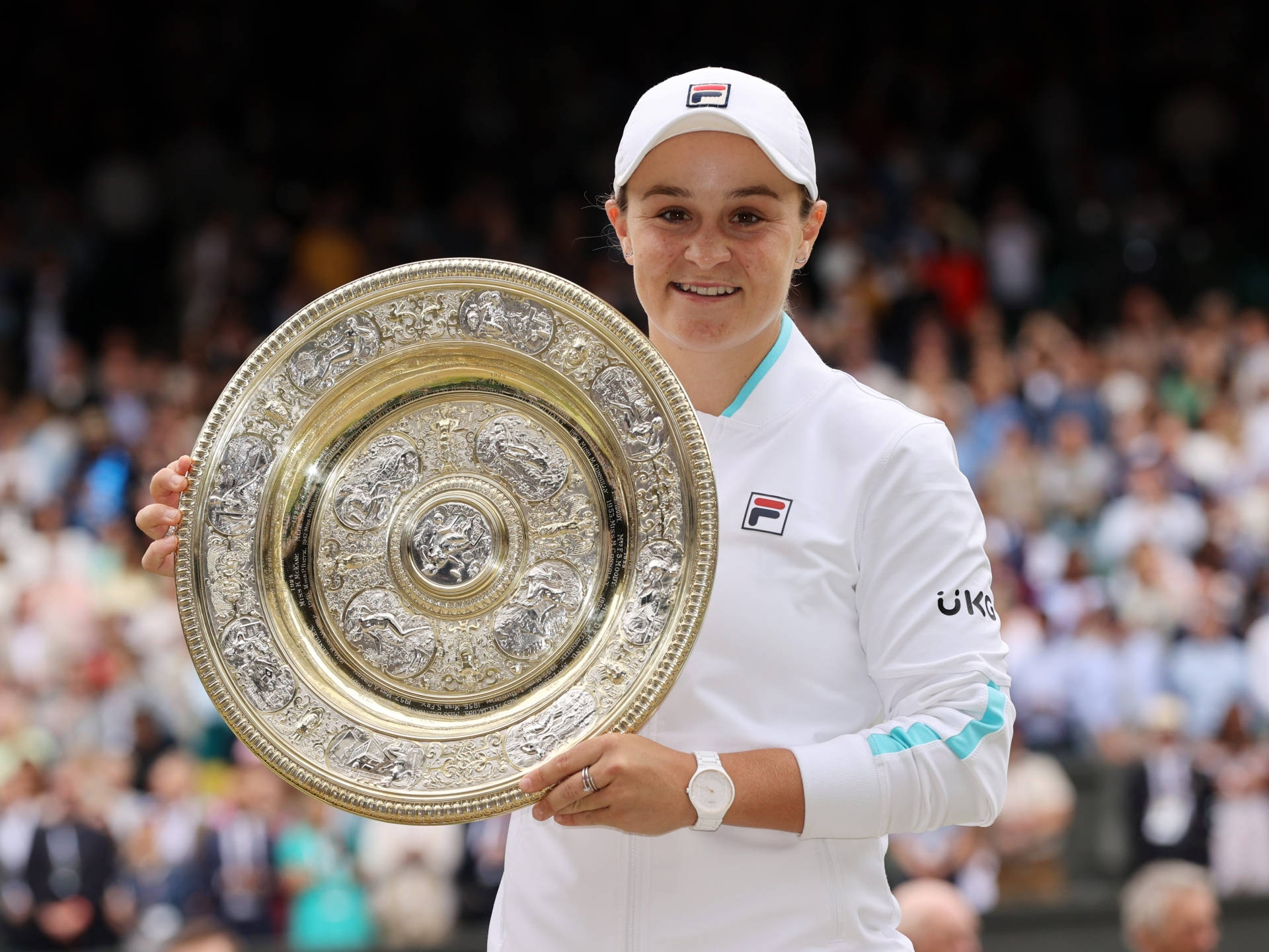 Ashleigh Barty, white gear, large ornate silver trophy, Full HD Desktop Wallpaper