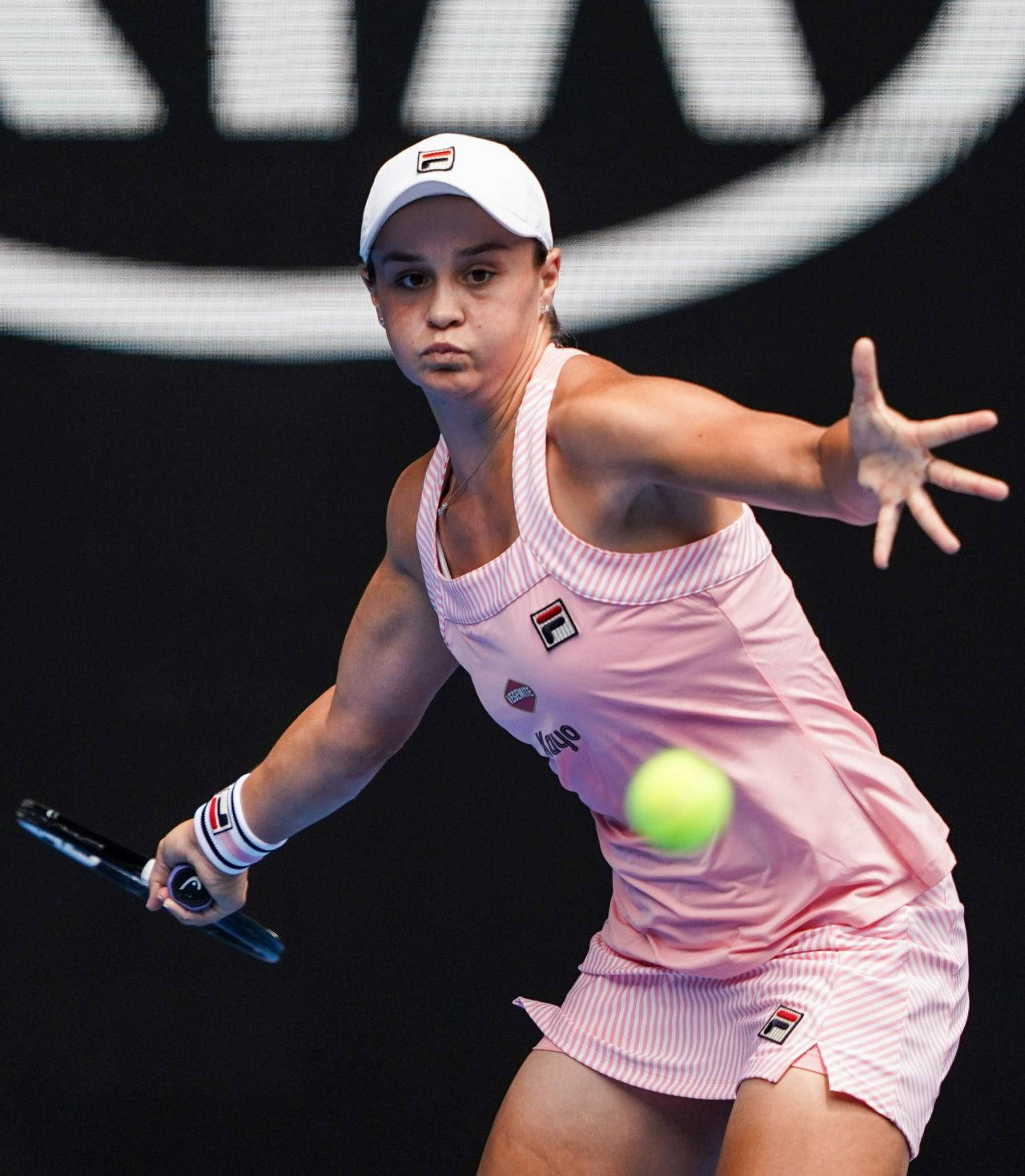 Ashleigh Barty, pink striped outfit, bright yellow tennis ball, HD Phone Wallpaper