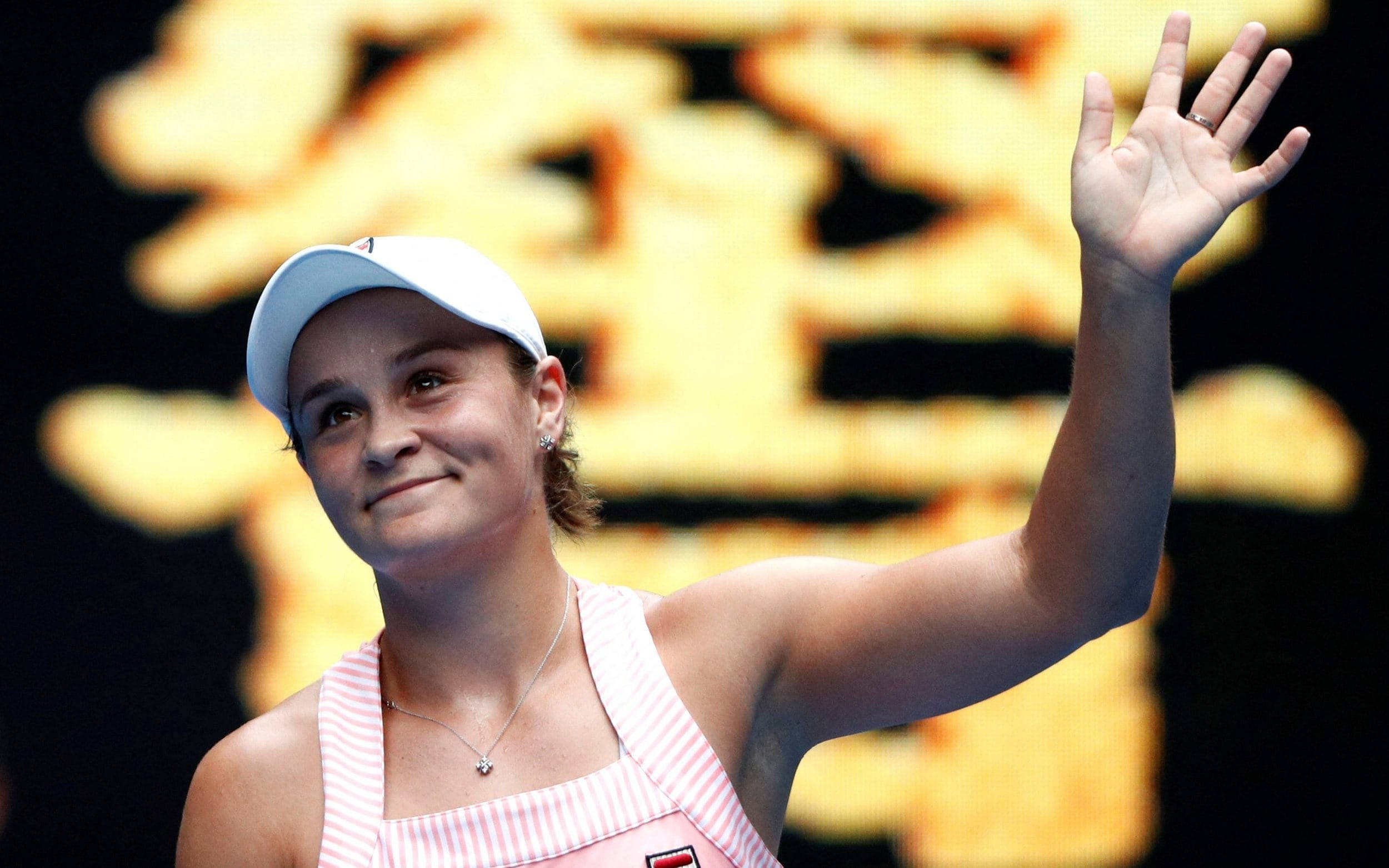Ashleigh Barty, pink striped outfit, glowing yellow background, Full HD Desktop Wallpaper