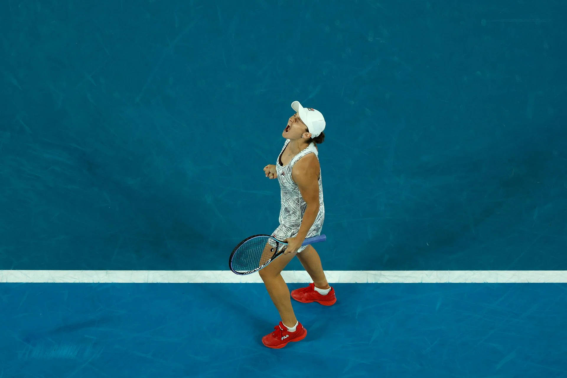 Ashleigh Barty, white and red gear, vibrant blue court, Full HD Desktop Wallpaper