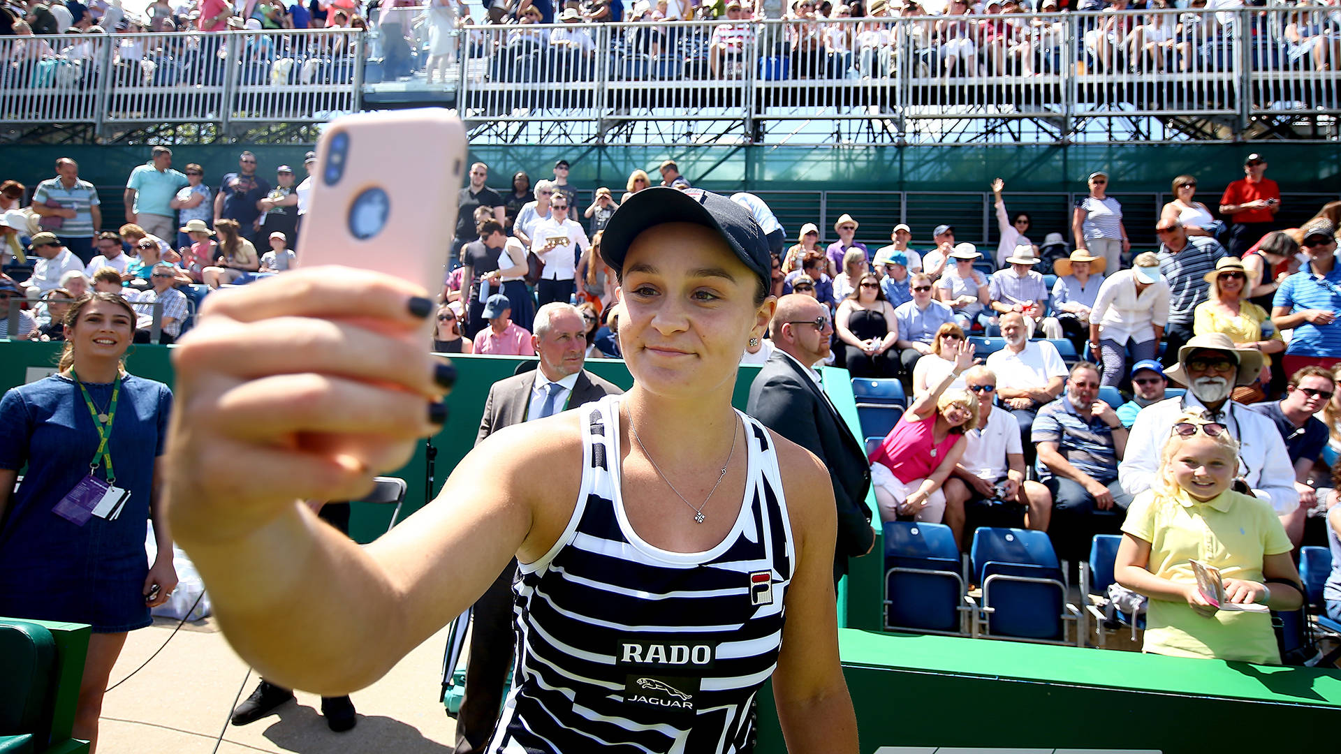 Ashleigh Barty, striped tank top, pink phone, Full HD Desktop Wallpaper