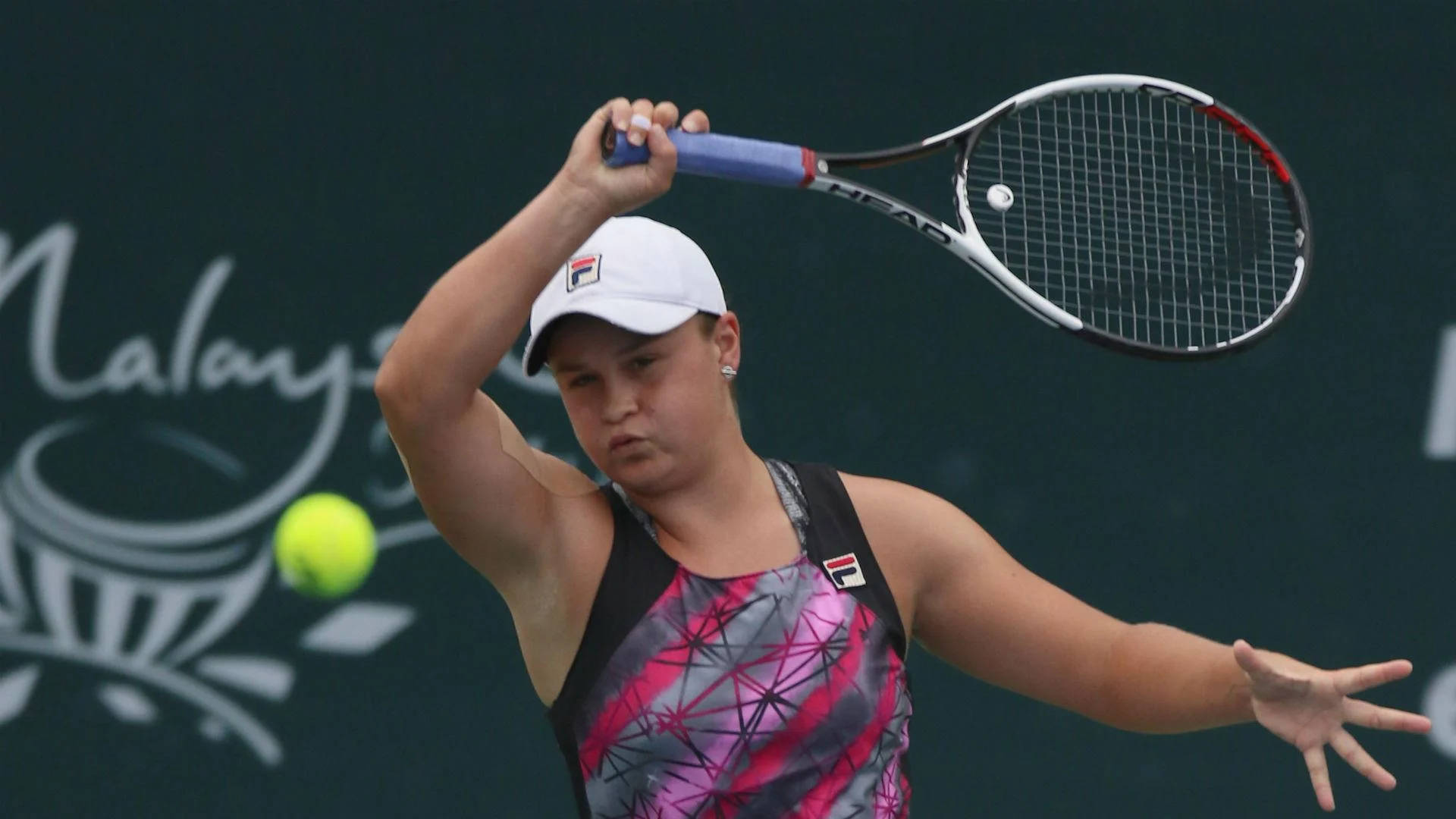Ashleigh Barty, pink and gray outfit, bright yellow ball, Full HD Desktop Wallpaper