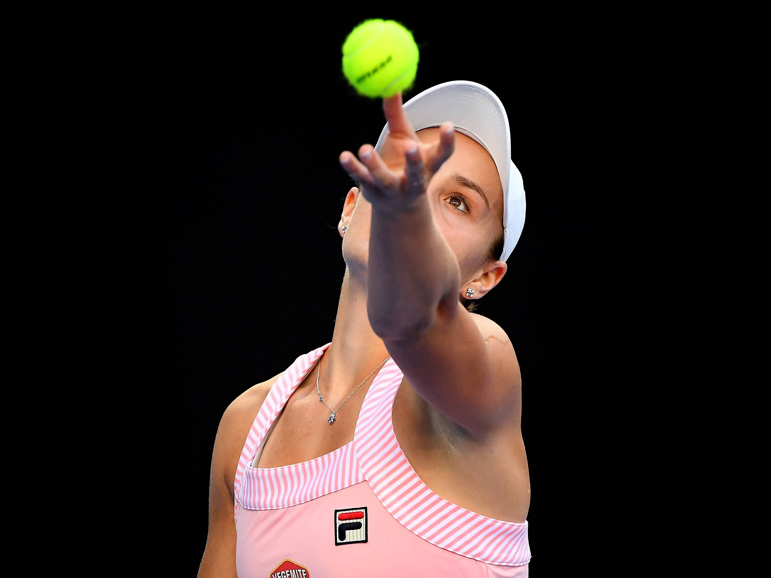 Ashleigh Barty, pink striped top, bright yellow tennis ball, 2K Desktop Wallpaper